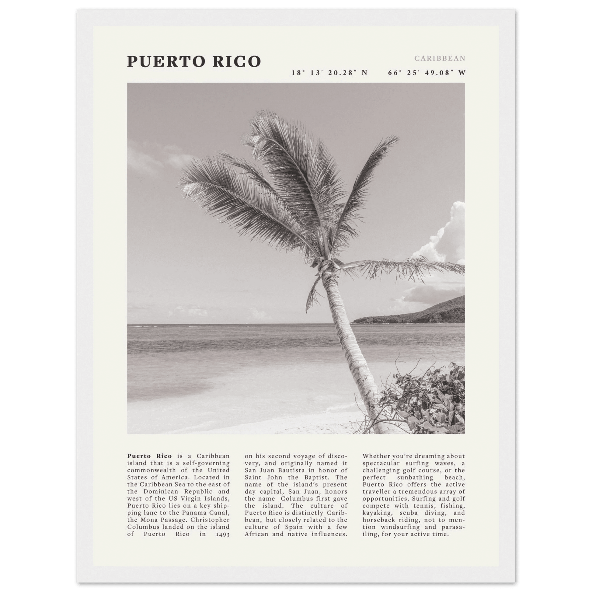 Puerto Rico Poster Black and White – Vintage Caribbean Palm Beach Print (Digital & Printed Options) - Evergreen Posters