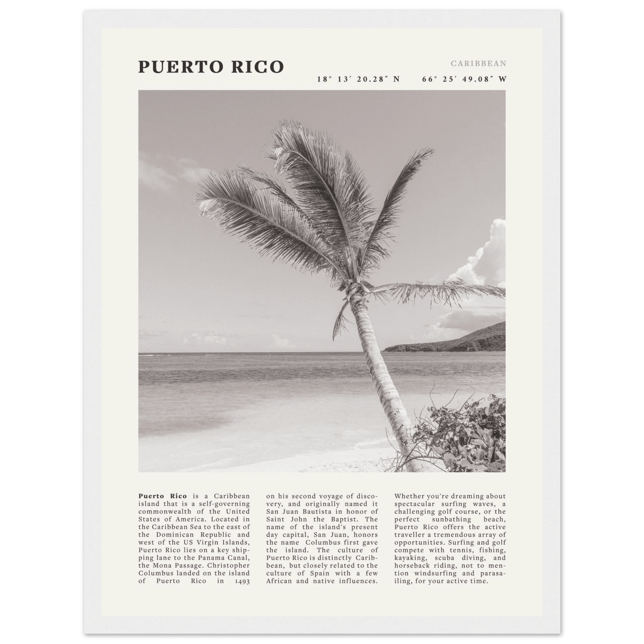 Puerto Rico Poster Black and White – Vintage Caribbean Palm Beach Print (Digital & Printed Options) - Evergreen Posters