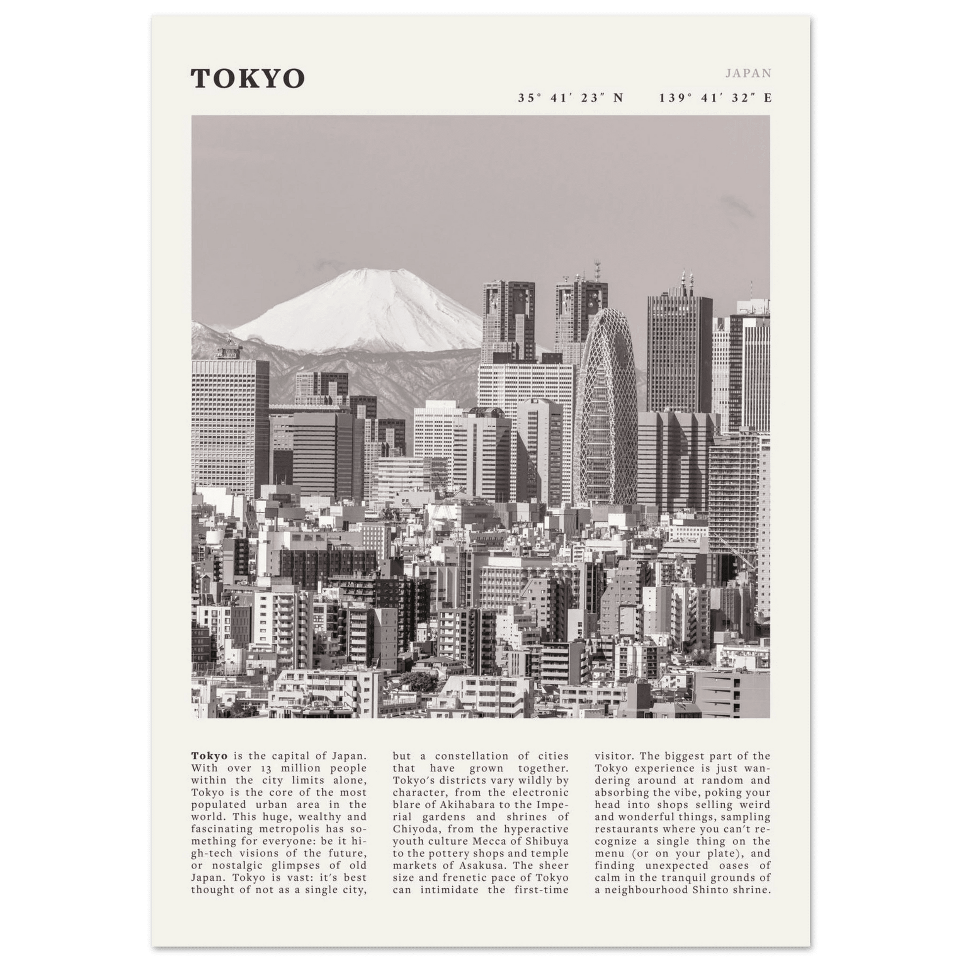 Tokyo Poster | Black & White Mount Fuji Skyline Wall Art | Japan Travel Print - Evergreen Posters