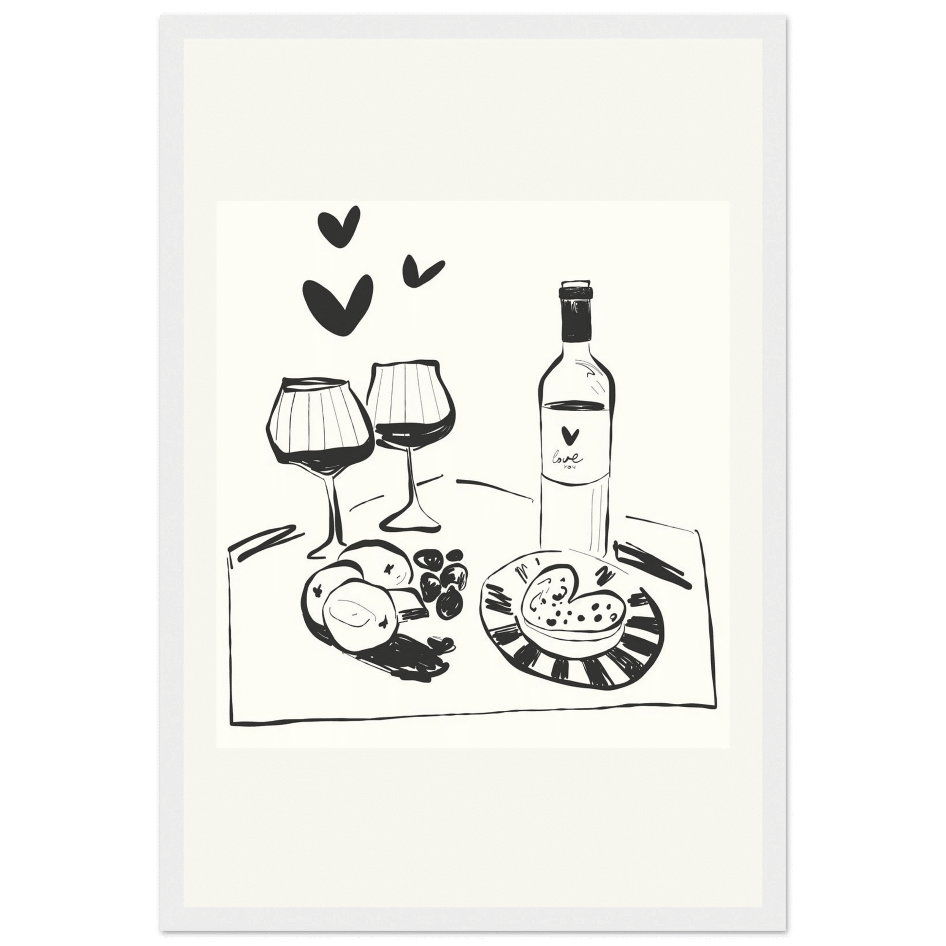 Wine for Two Print | Black Line Art Romantic Kitchen Wall Art | Couples Poster - Evergreen Posters
