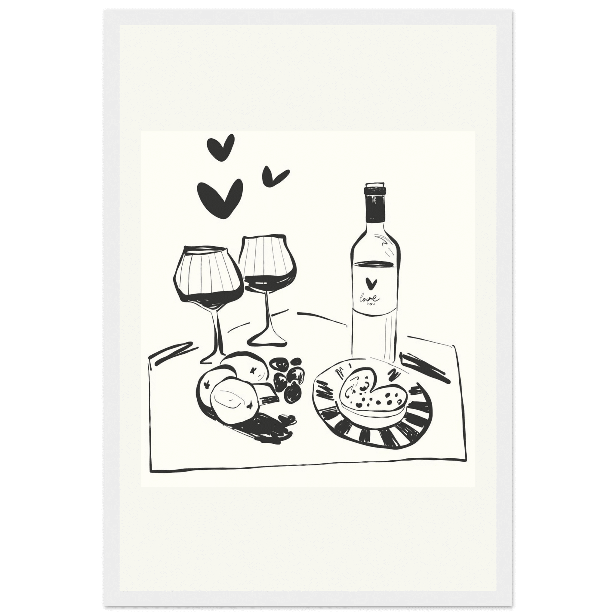 Wine for Two Print | Black Line Art Romantic Kitchen Wall Art | Couples Poster - Evergreen Posters