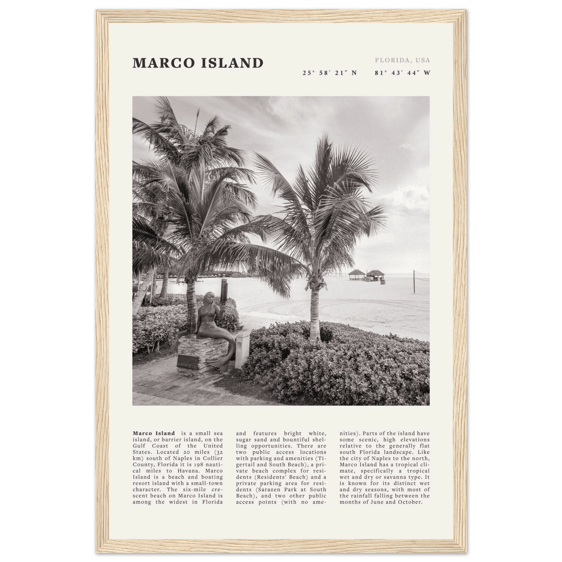 Marco Island Poster | Black & White Florida Beach Wall Art | Coastal Travel Print - Evergreen Posters