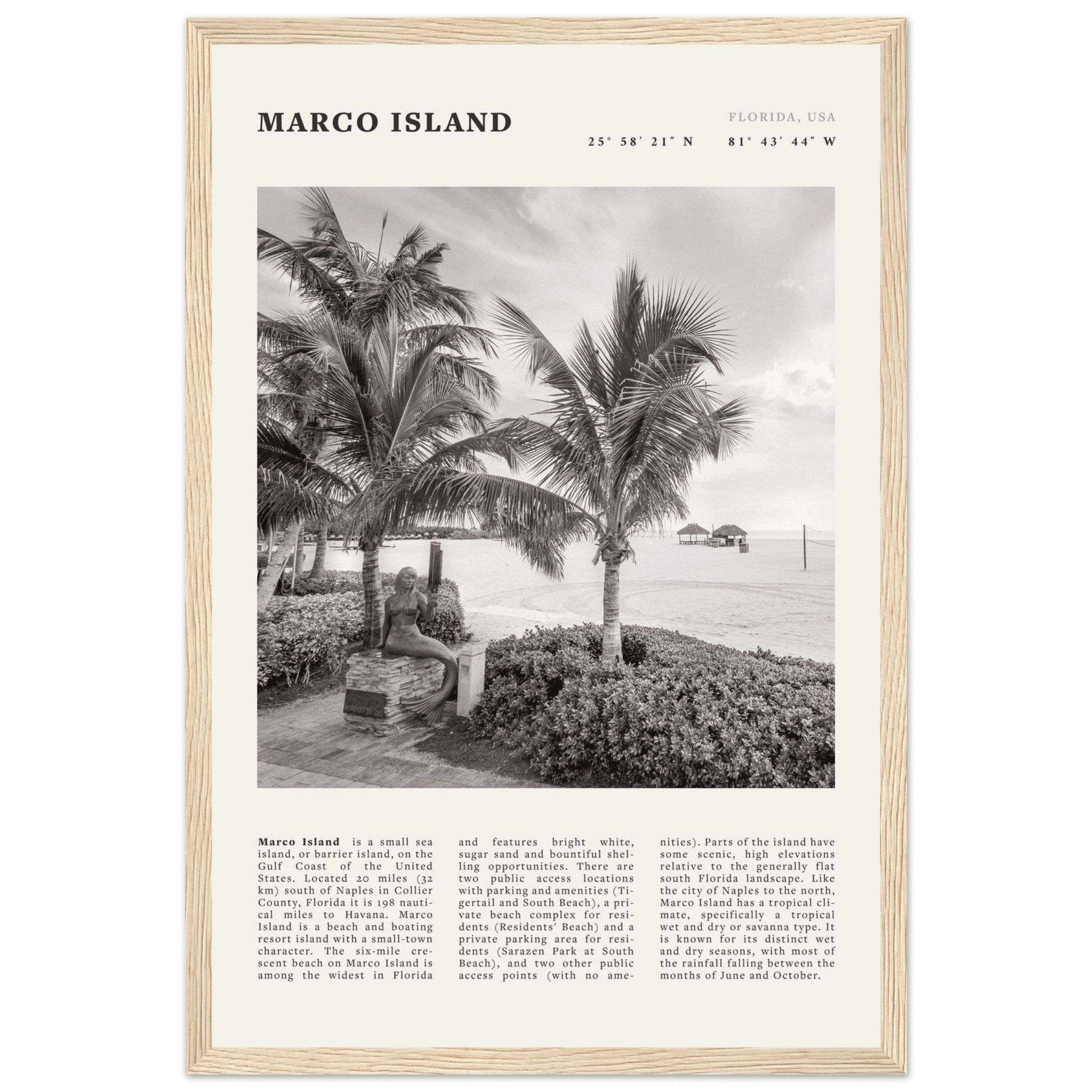 Marco Island Poster | Black & White Florida Beach Wall Art | Coastal Travel Print - Evergreen Posters