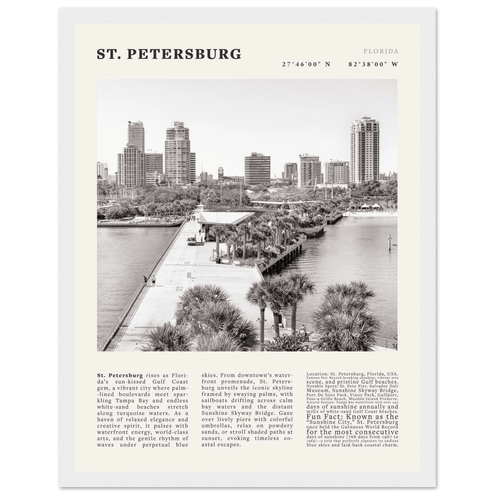 St. Petersburg Florida Poster Black and White – Vintage St Pete Skyline Print (Digital & Printed Options) - Evergreen Posters
