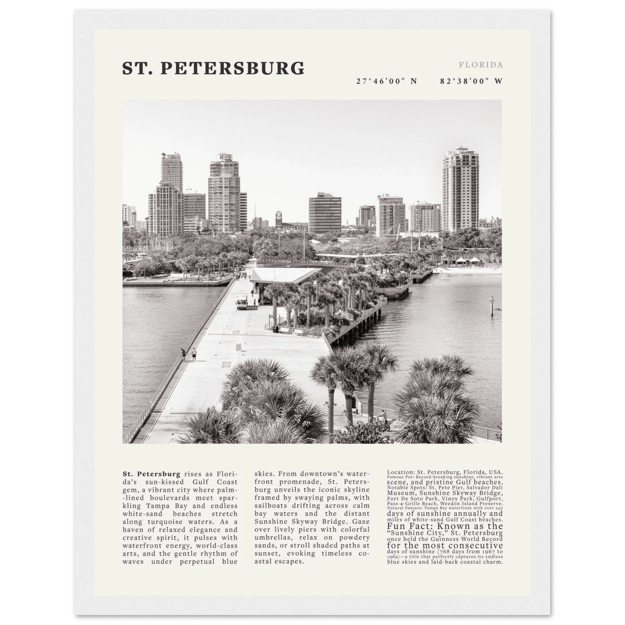 St. Petersburg Florida Poster Black and White – Vintage St Pete Skyline Print (Digital & Printed Options) - Evergreen Posters