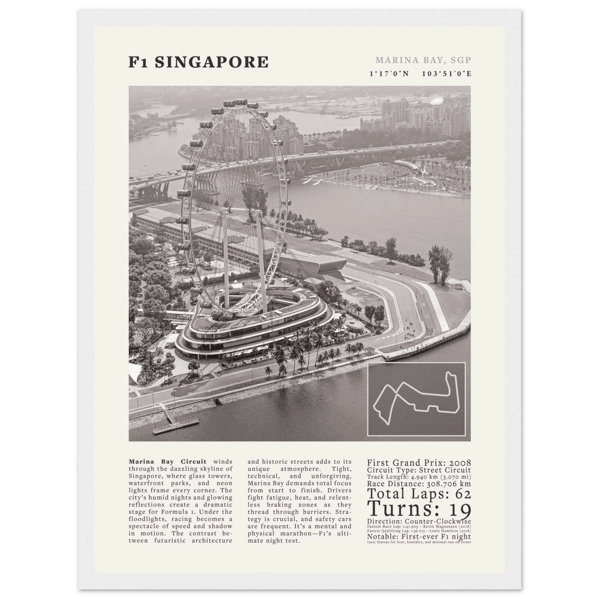 F1 Singapore Poster Black and White – Vintage Marina Bay Night Race Print (Digital & Printed Options) - Evergreen Posters