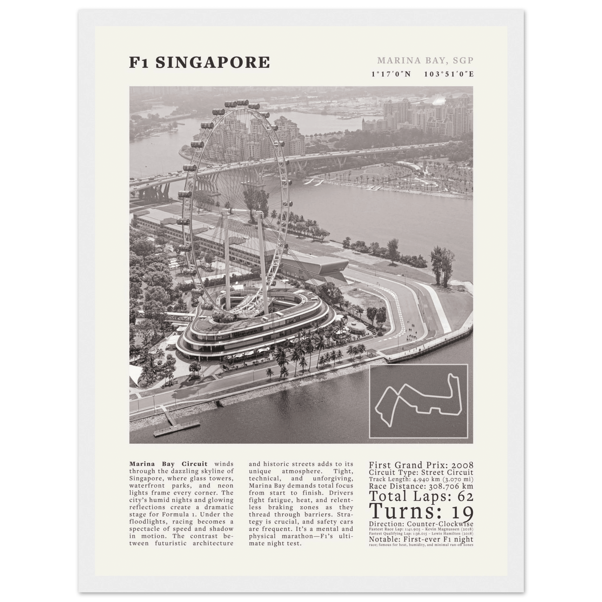 F1 Singapore Poster Black and White – Vintage Marina Bay Night Race Print (Digital & Printed Options) - Evergreen Posters