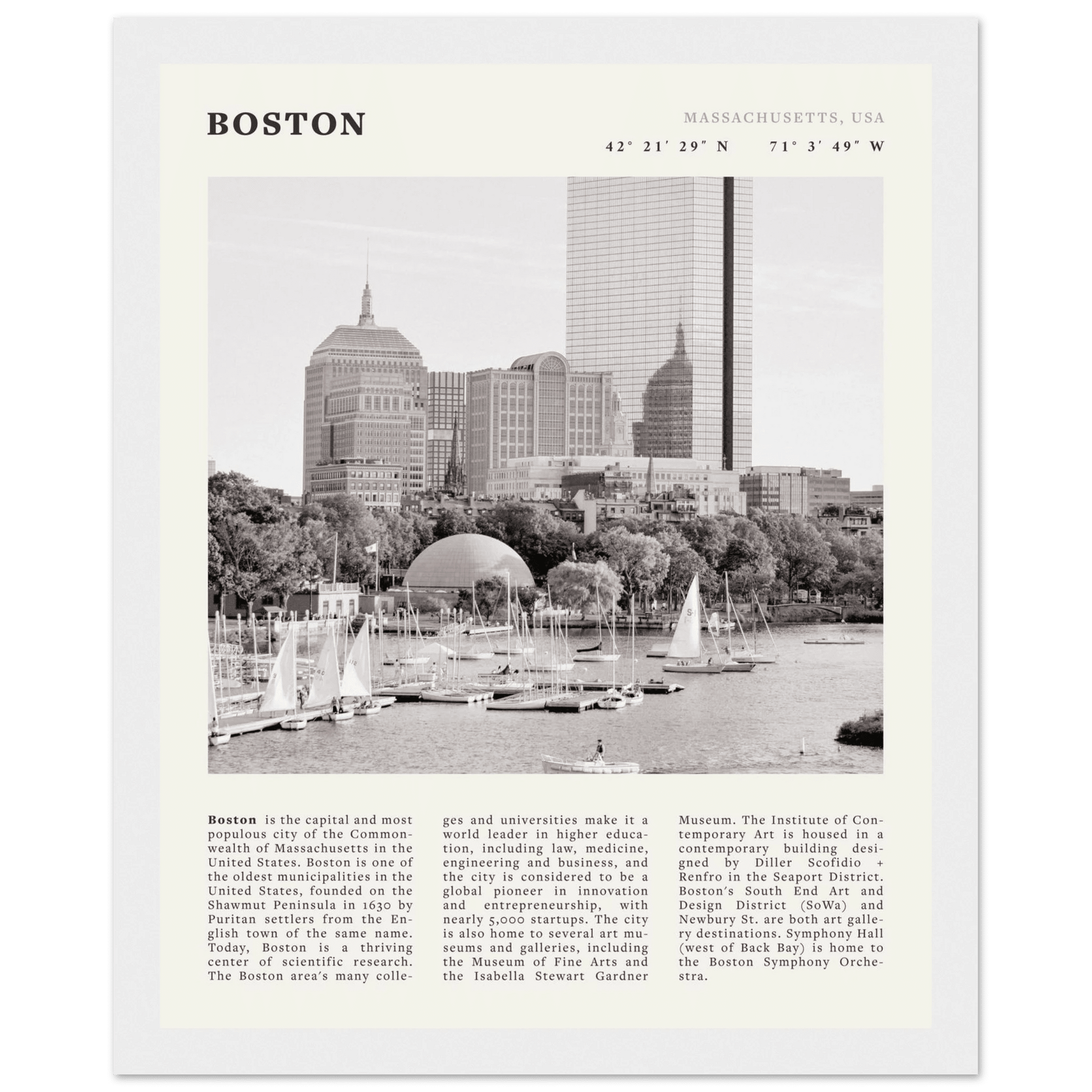 Boston Poster | Black & White Charles River Skyline Wall Art | Massachusetts Print - Evergreen Posters