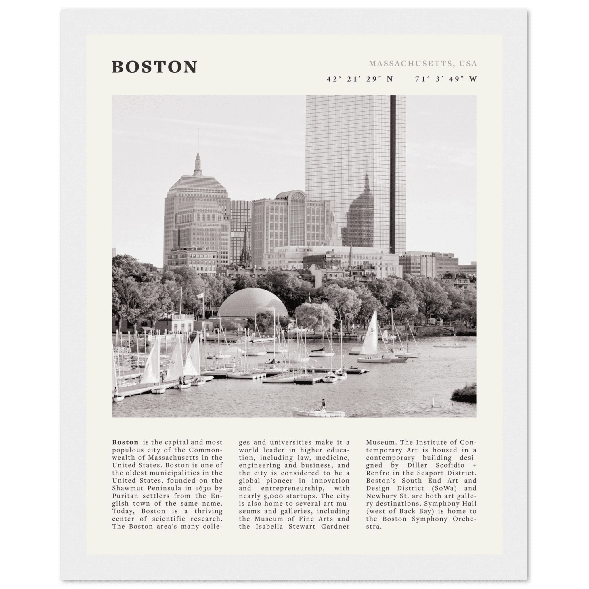 Boston Poster | Black & White Charles River Skyline Wall Art | Massachusetts Print - Evergreen Posters