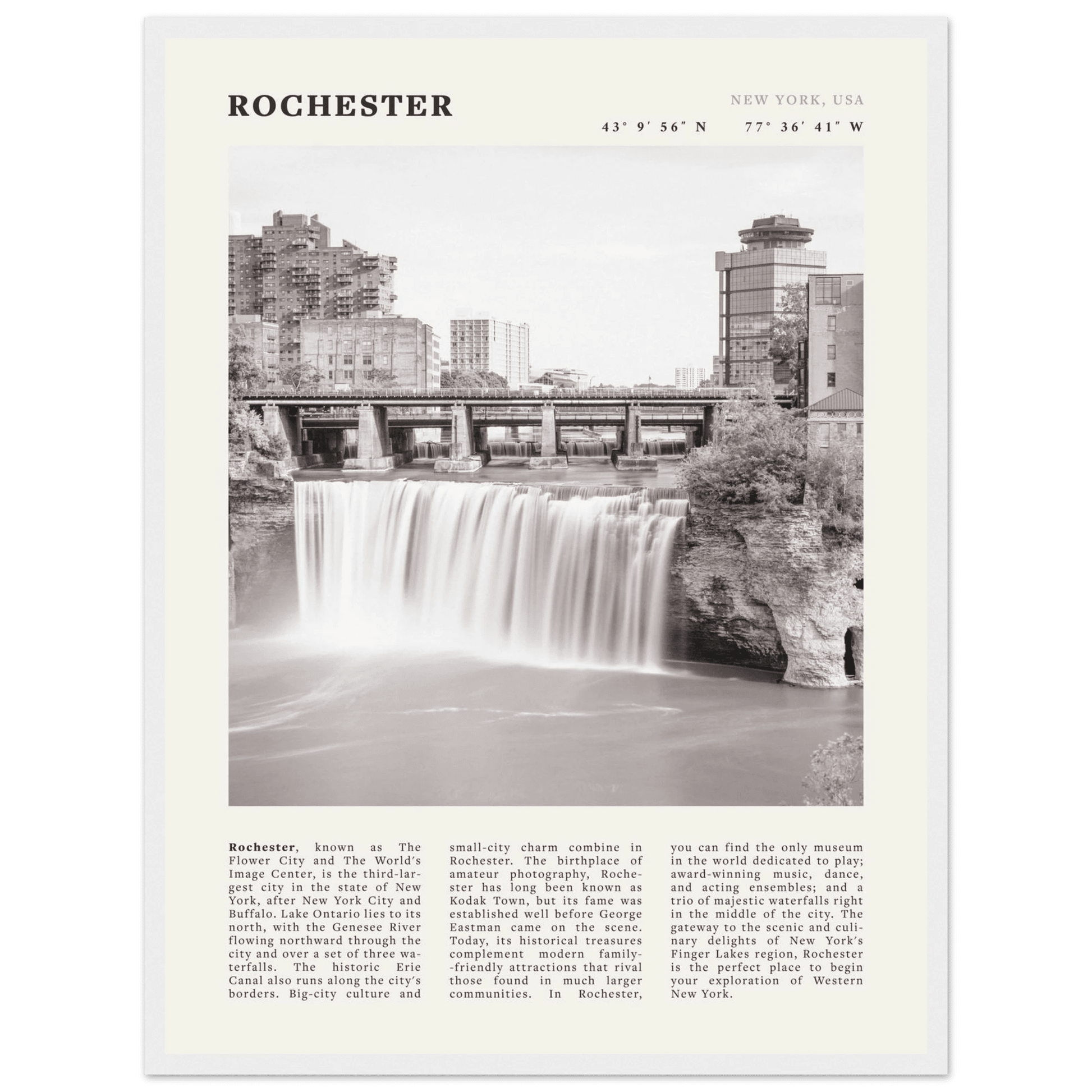 Rochester Poster | Black & White High Falls Wall Art | New York Travel Print - Evergreen Posters