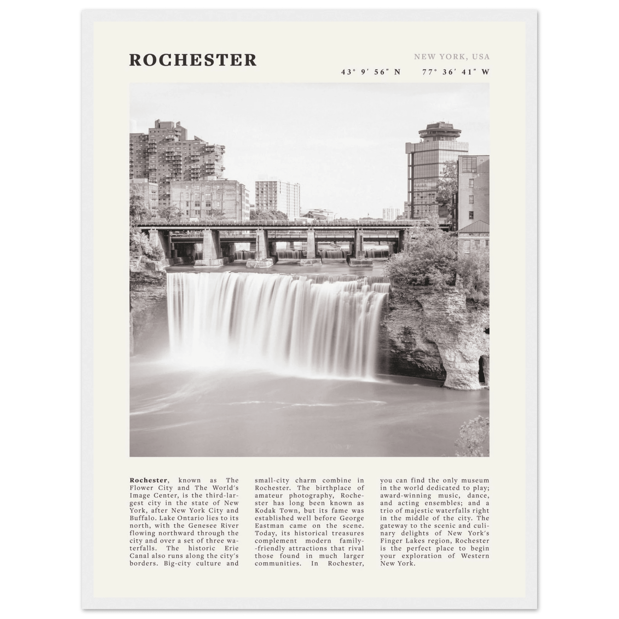 Rochester Poster | Black & White High Falls Wall Art | New York Travel Print - Evergreen Posters