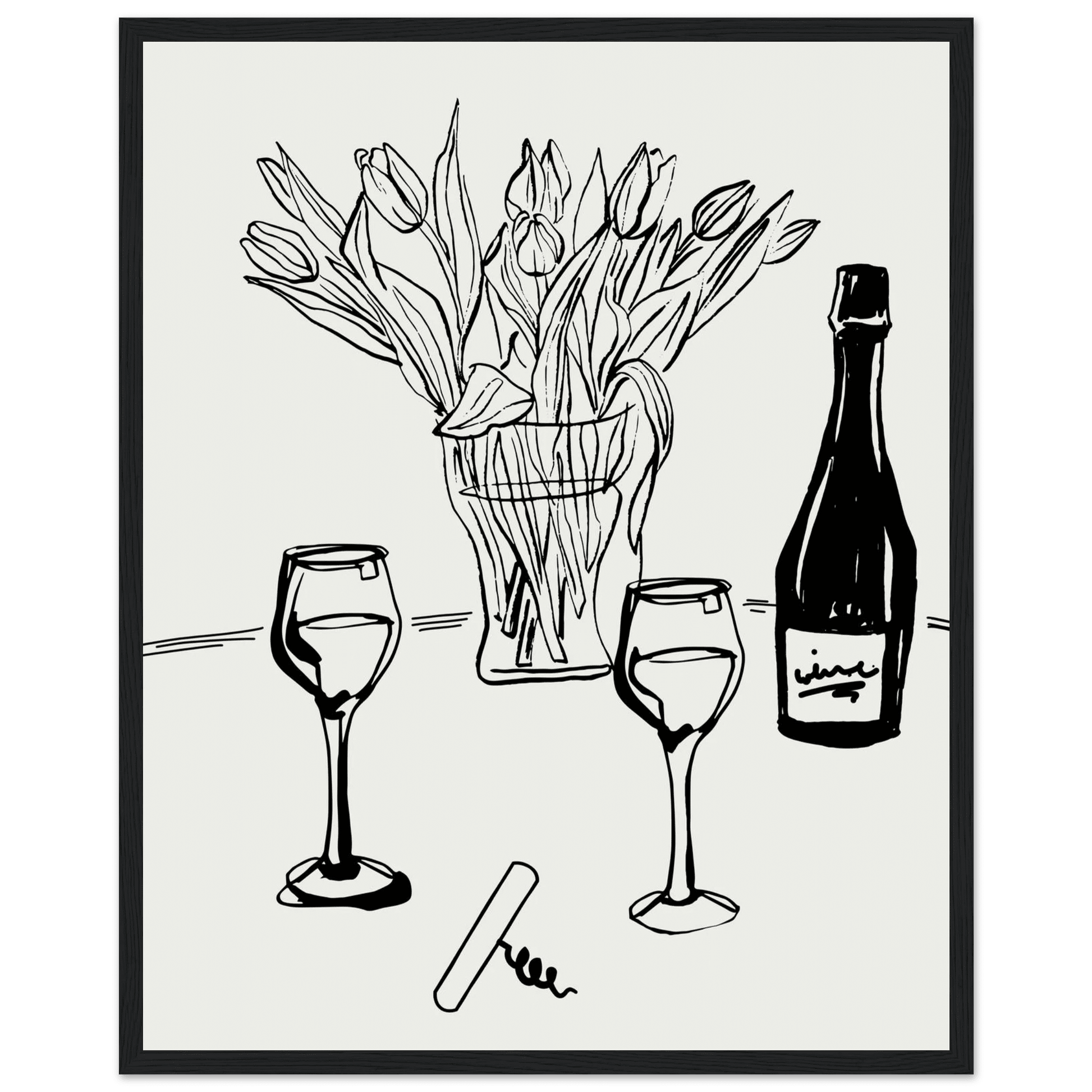 Wine & Tulips Print | Black Line Art Wine Bottle Wall Art | Minimalist Kitchen Poster - Evergreen Posters