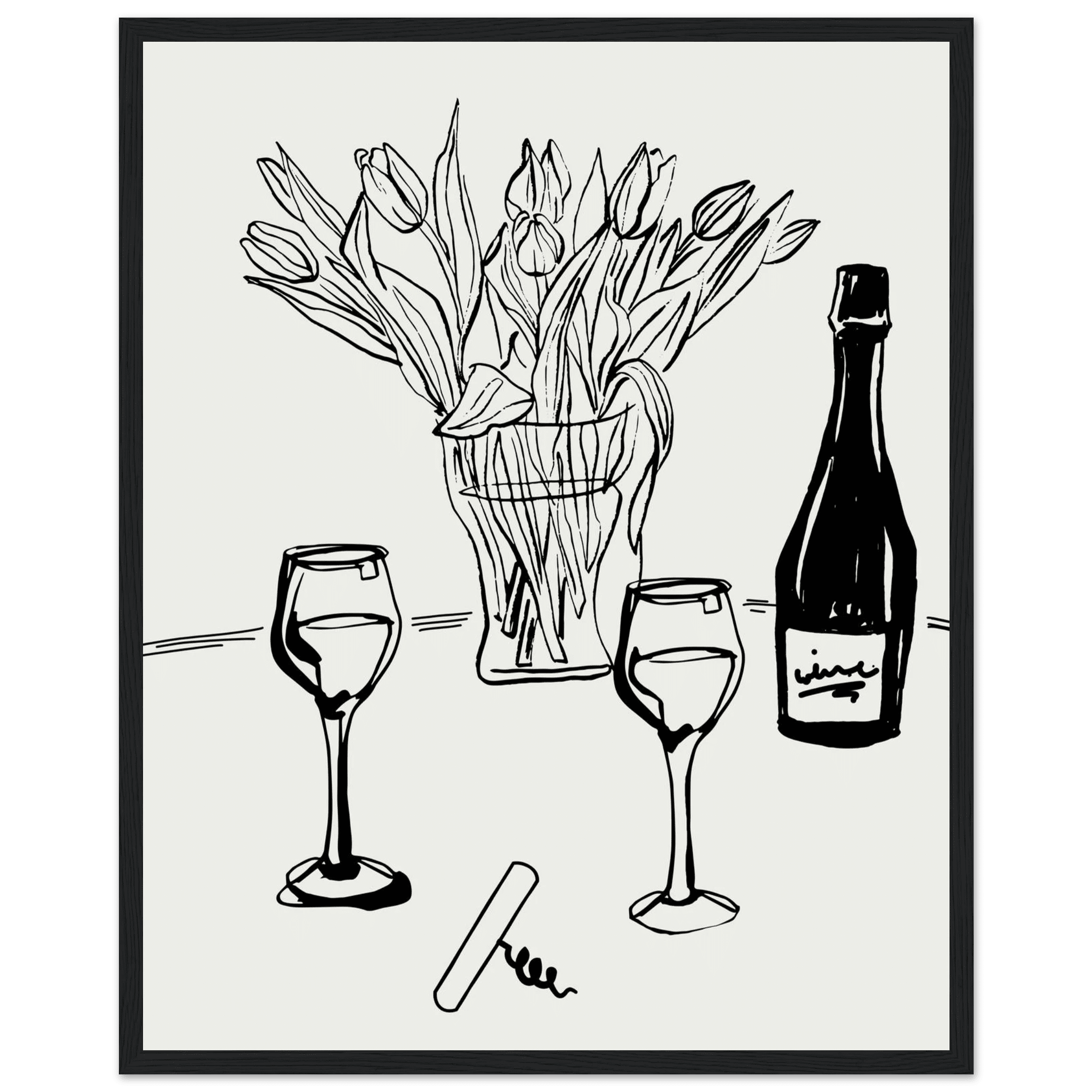 Wine & Tulips Print | Black Line Art Wine Bottle Wall Art | Minimalist Kitchen Poster - Evergreen Posters