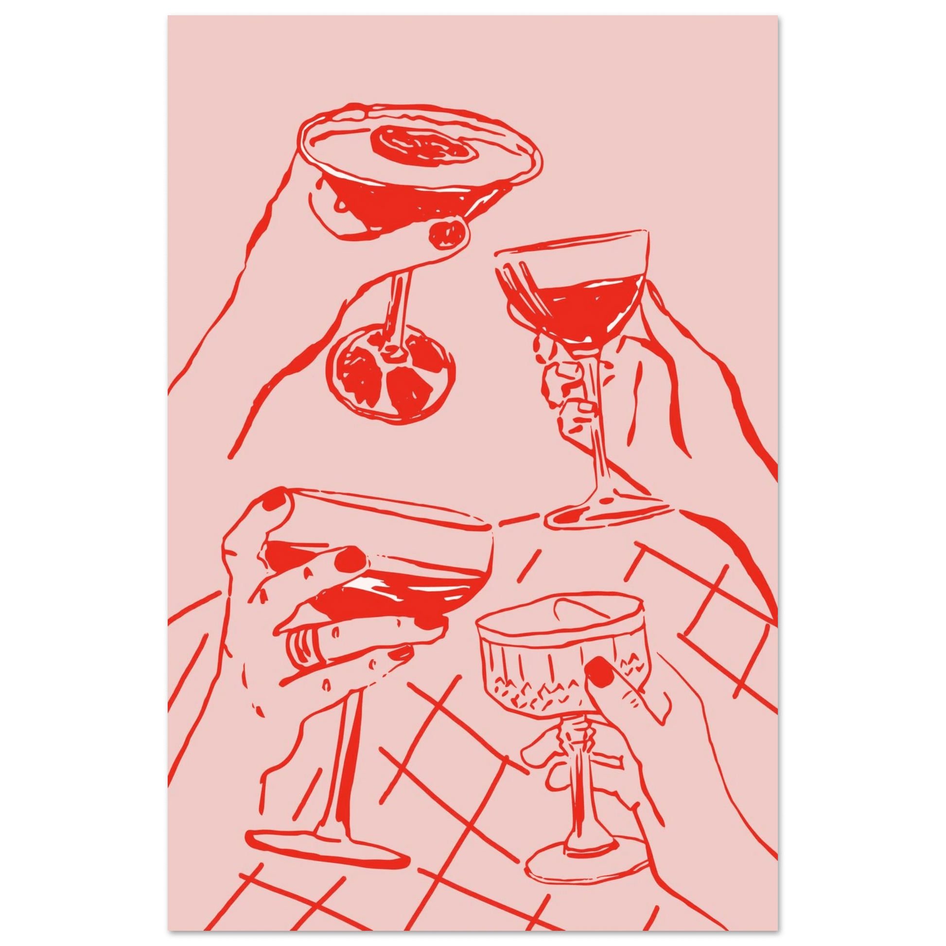 Cheers Print | Red & Pink Cocktail Glasses Wall Art | Kitchen Bar Poster - Evergreen Posters