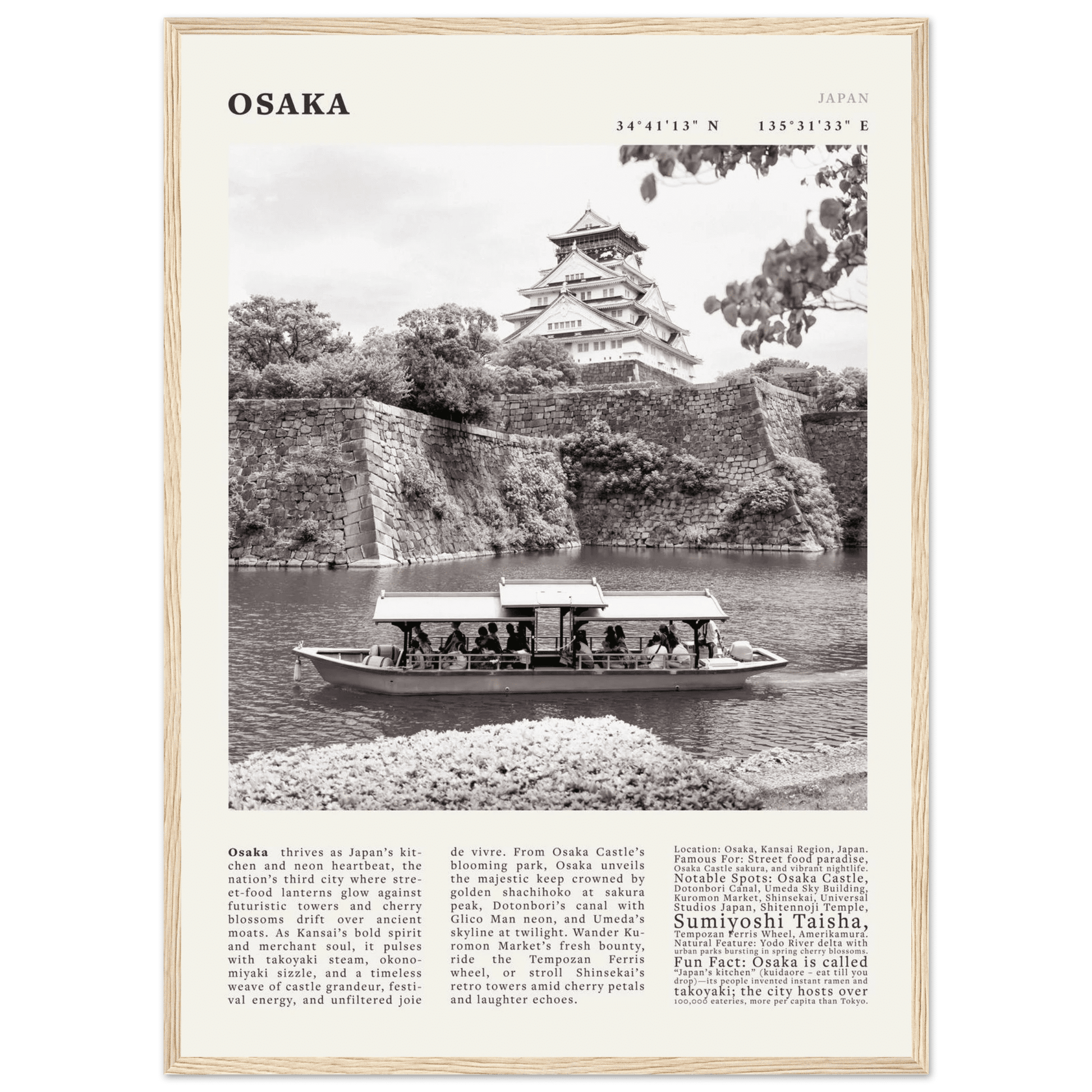 Osaka Poster Black and White – Vintage Osaka Castle Cherry Blossom Print (Digital & Printed Options) - Evergreen Posters