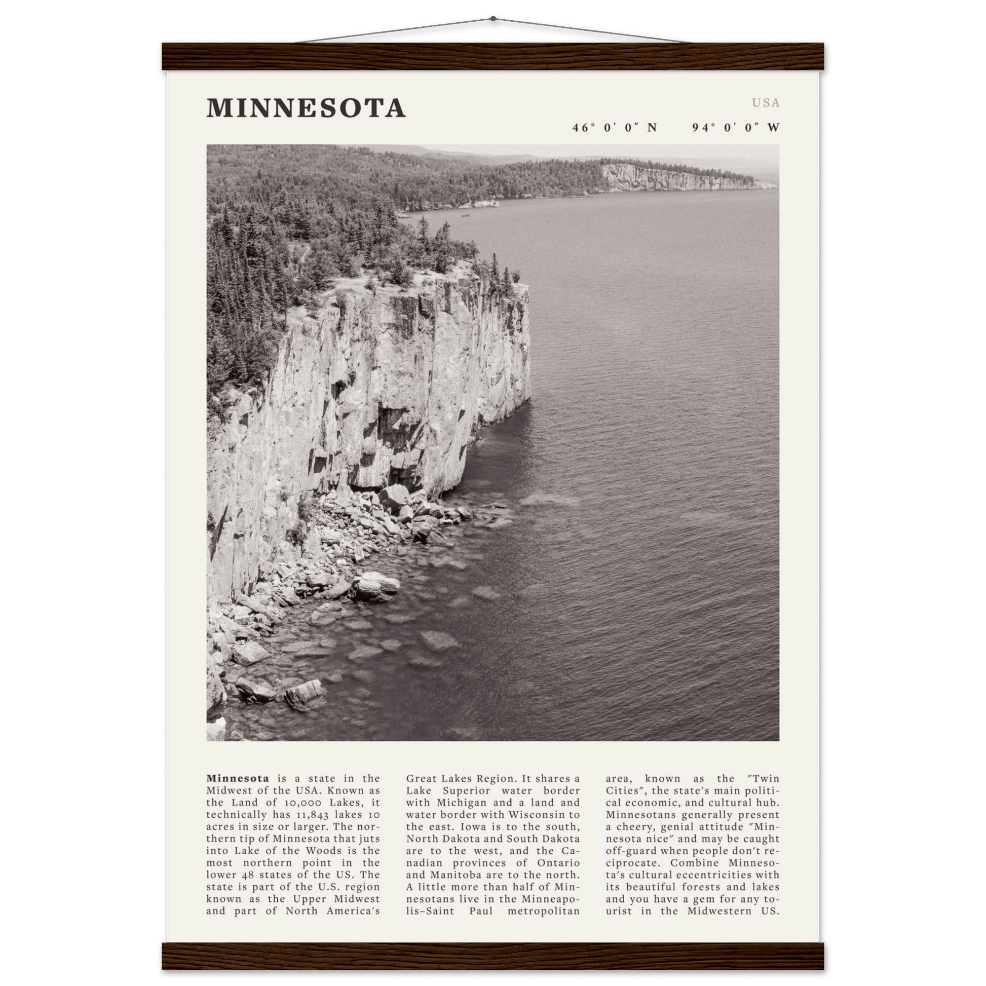 Minnesota Poster | Black & White Lake Superior Wall Art | USA Nature Travel Print - Evergreen Posters