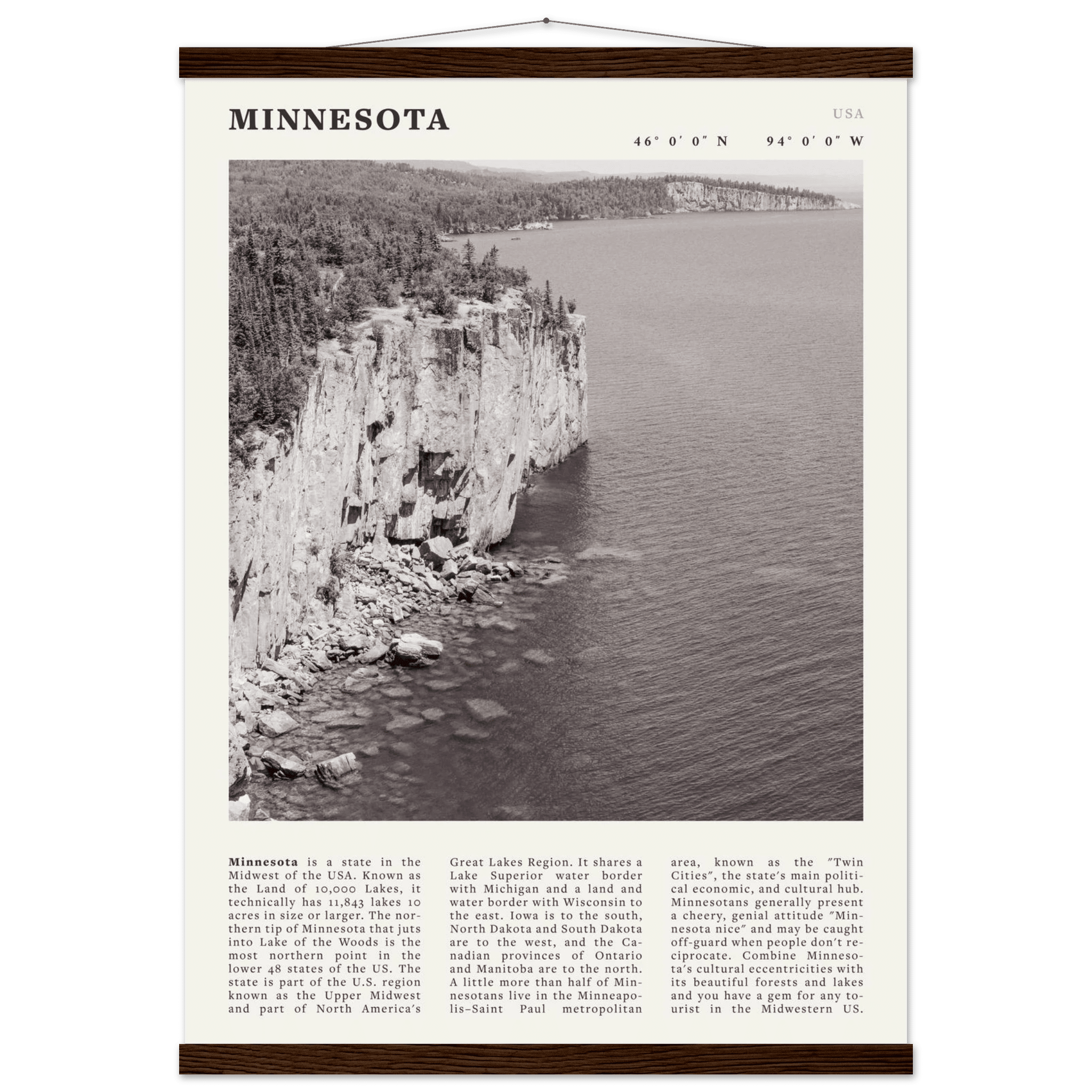 Minnesota Poster | Black & White Lake Superior Wall Art | USA Nature Travel Print - Evergreen Posters