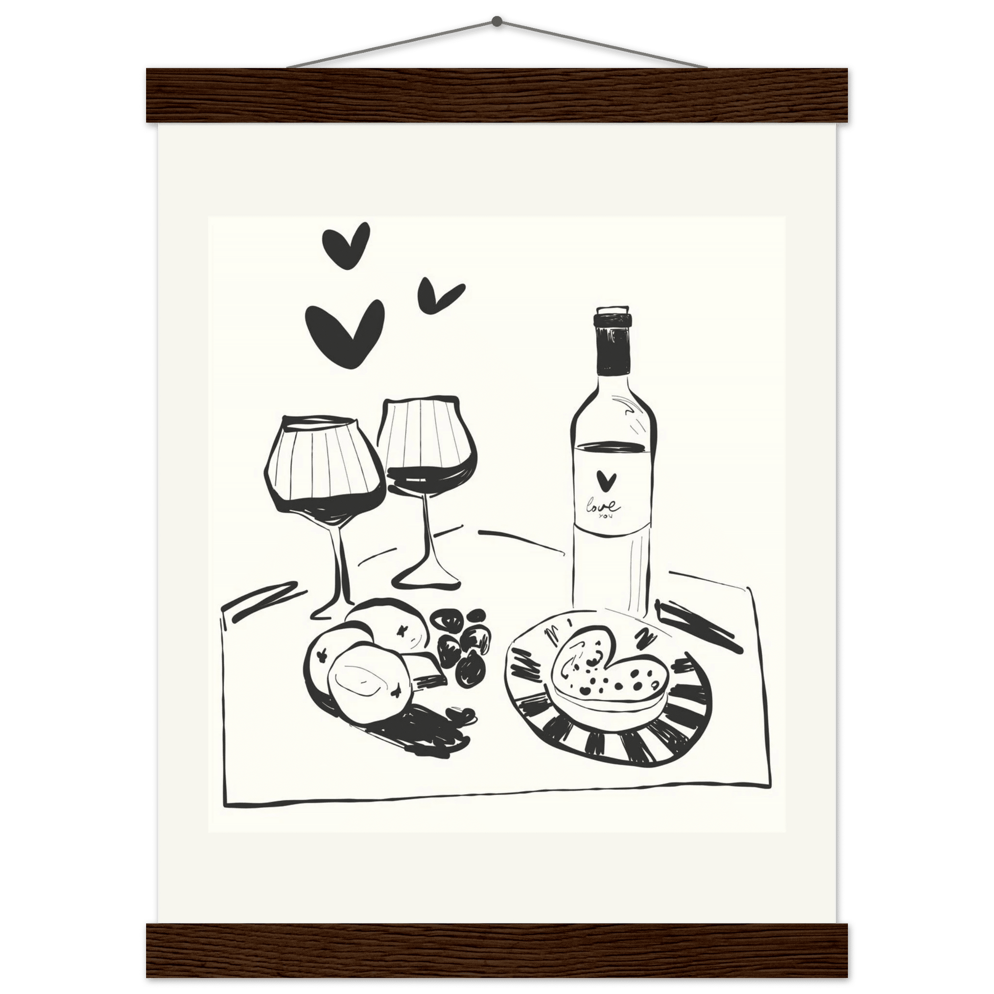 Wine for Two Print | Black Line Art Romantic Kitchen Wall Art | Couples Poster - Evergreen Posters