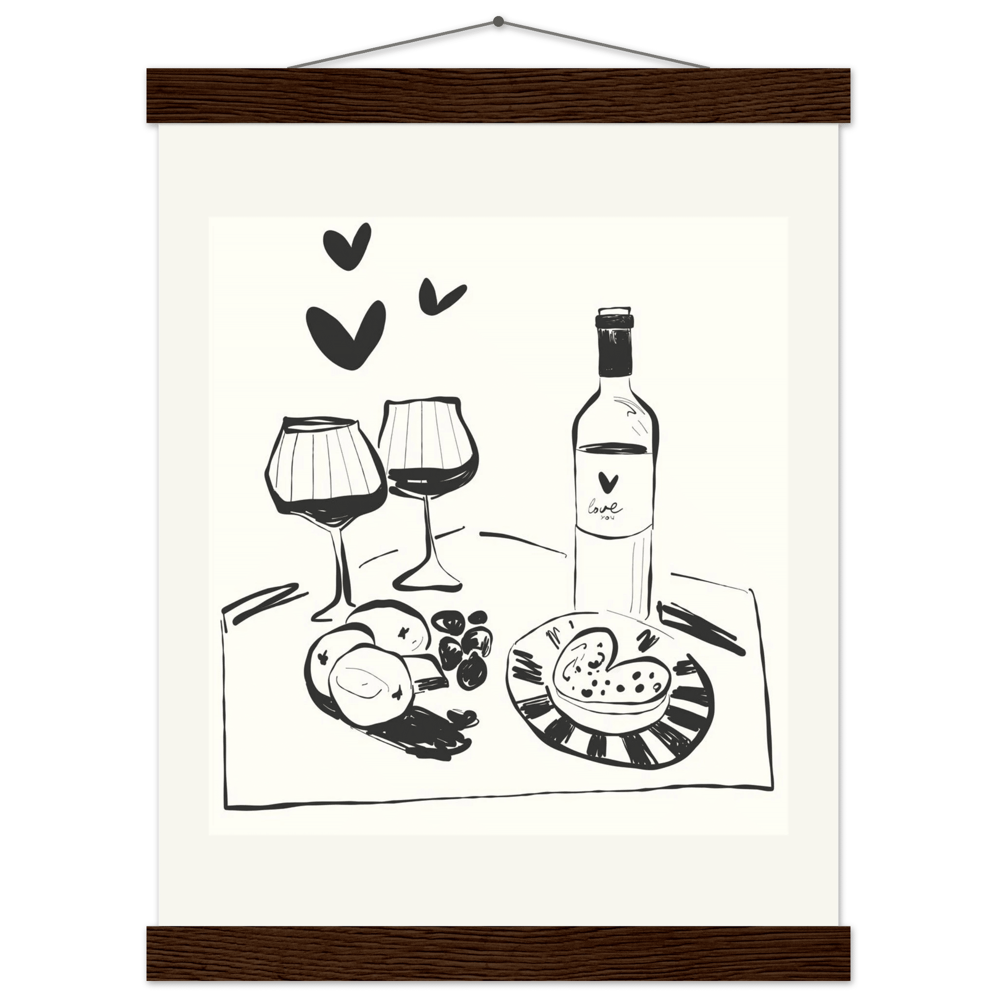 Wine for Two Print | Black Line Art Romantic Kitchen Wall Art | Couples Poster - Evergreen Posters