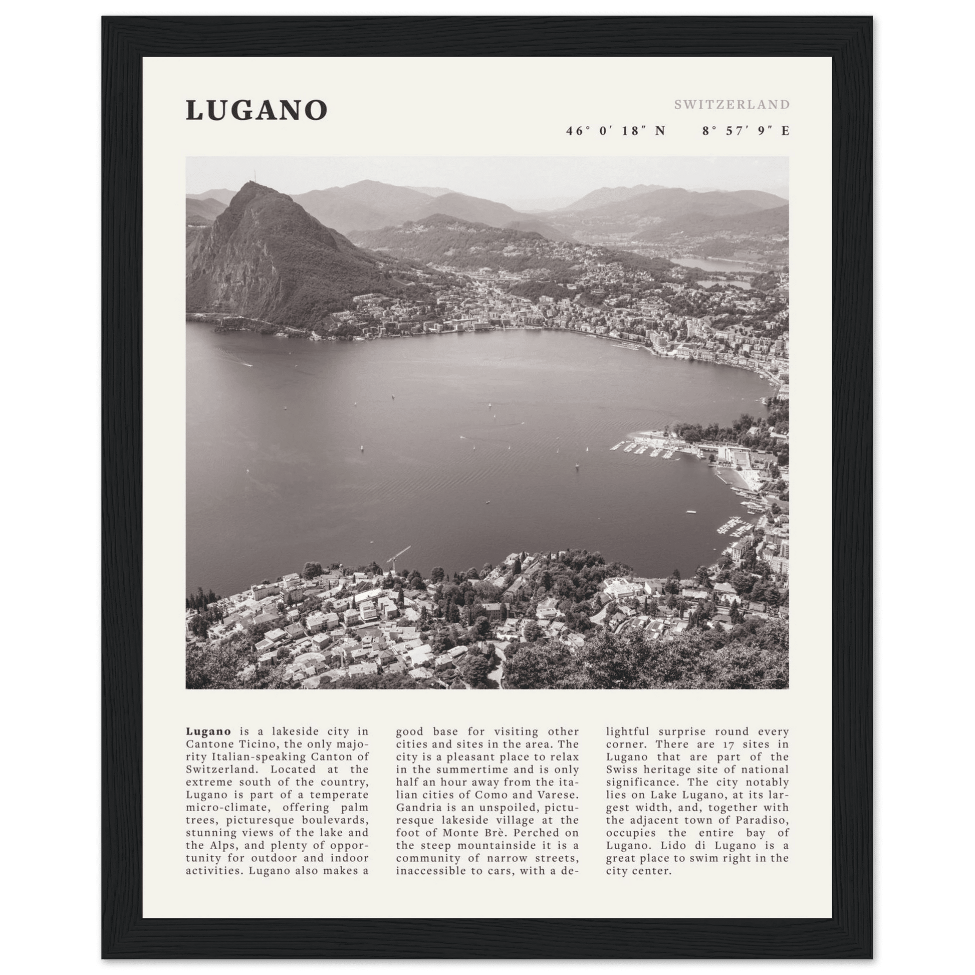 Lugano Poster | Black & White Swiss Lake Wall Art | Switzerland Travel Print - Evergreen Posters