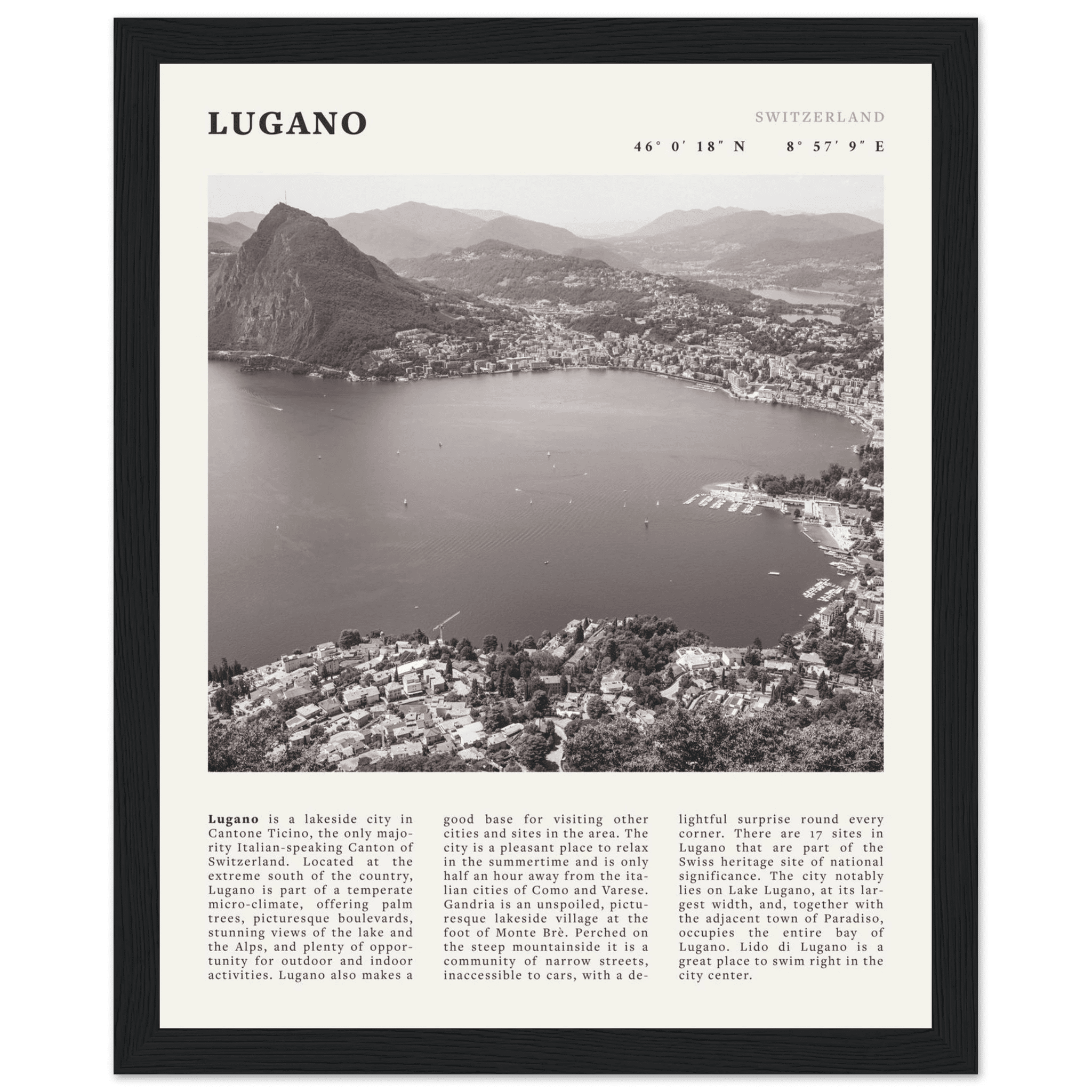 Lugano Poster | Black & White Swiss Lake Wall Art | Switzerland Travel Print - Evergreen Posters