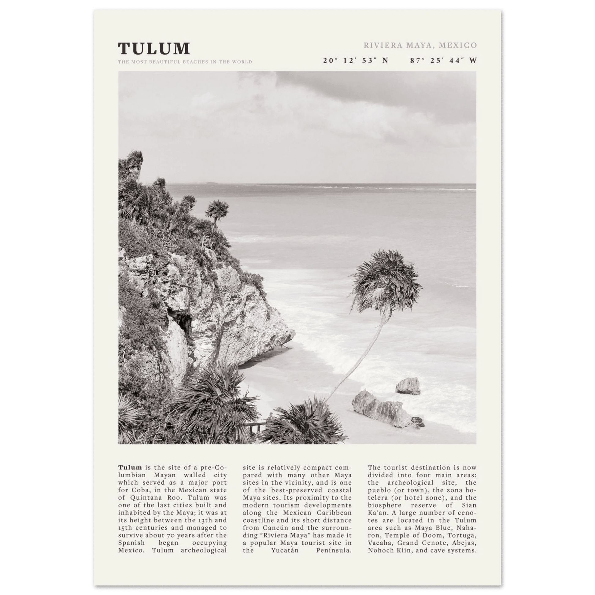 Tulum Poster | Black & White Riviera Maya Mexico Wall Art | Beach Travel Print - Evergreen Posters