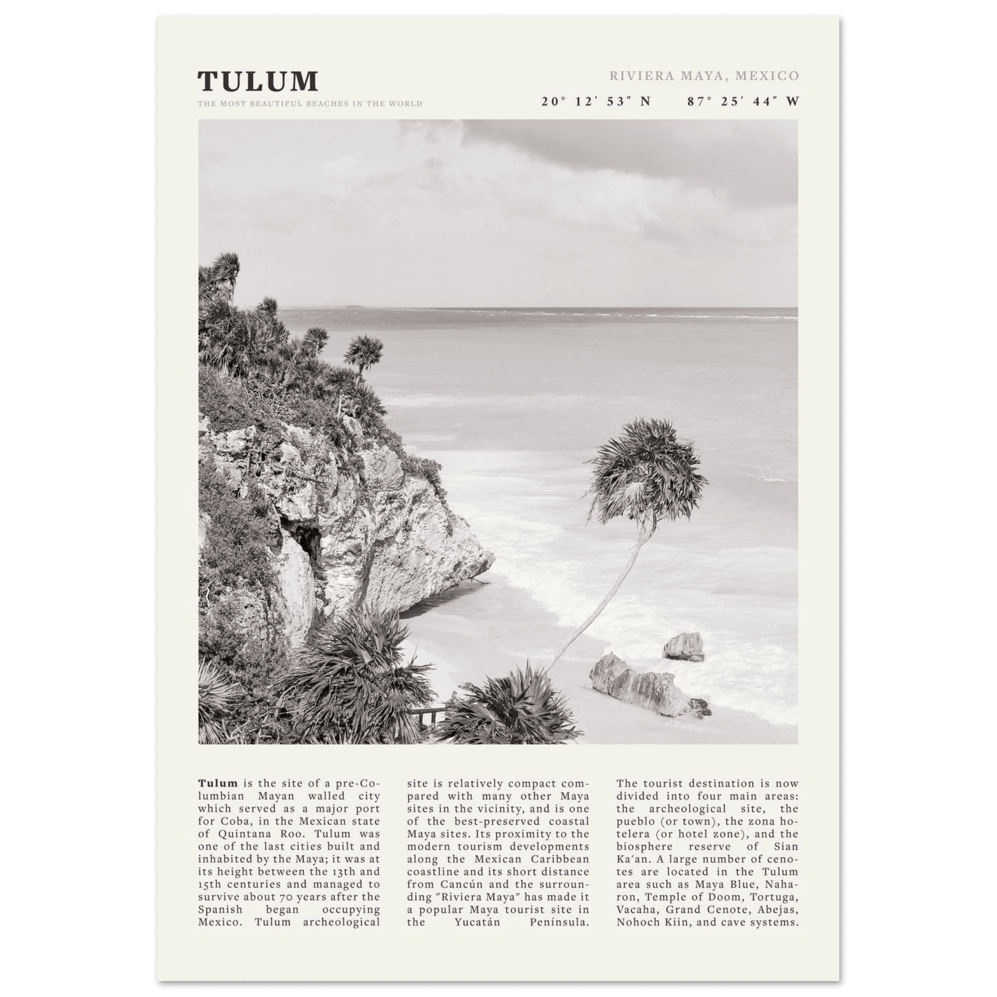 Tulum Poster | Black & White Riviera Maya Mexico Wall Art | Beach Travel Print - Evergreen Posters