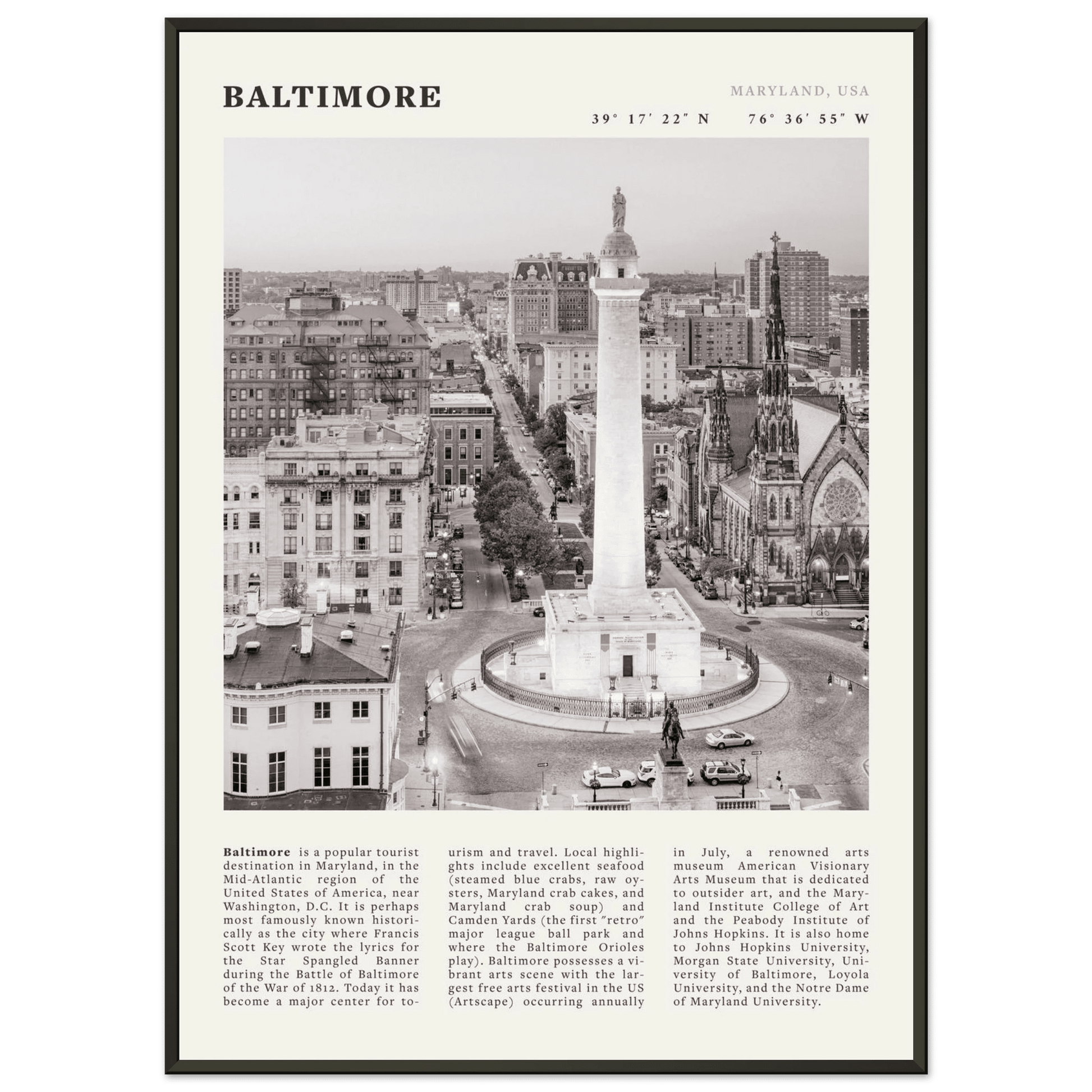 Baltimore Poster | Black & White Maryland City Wall Art | USA Travel Print - Evergreen Posters