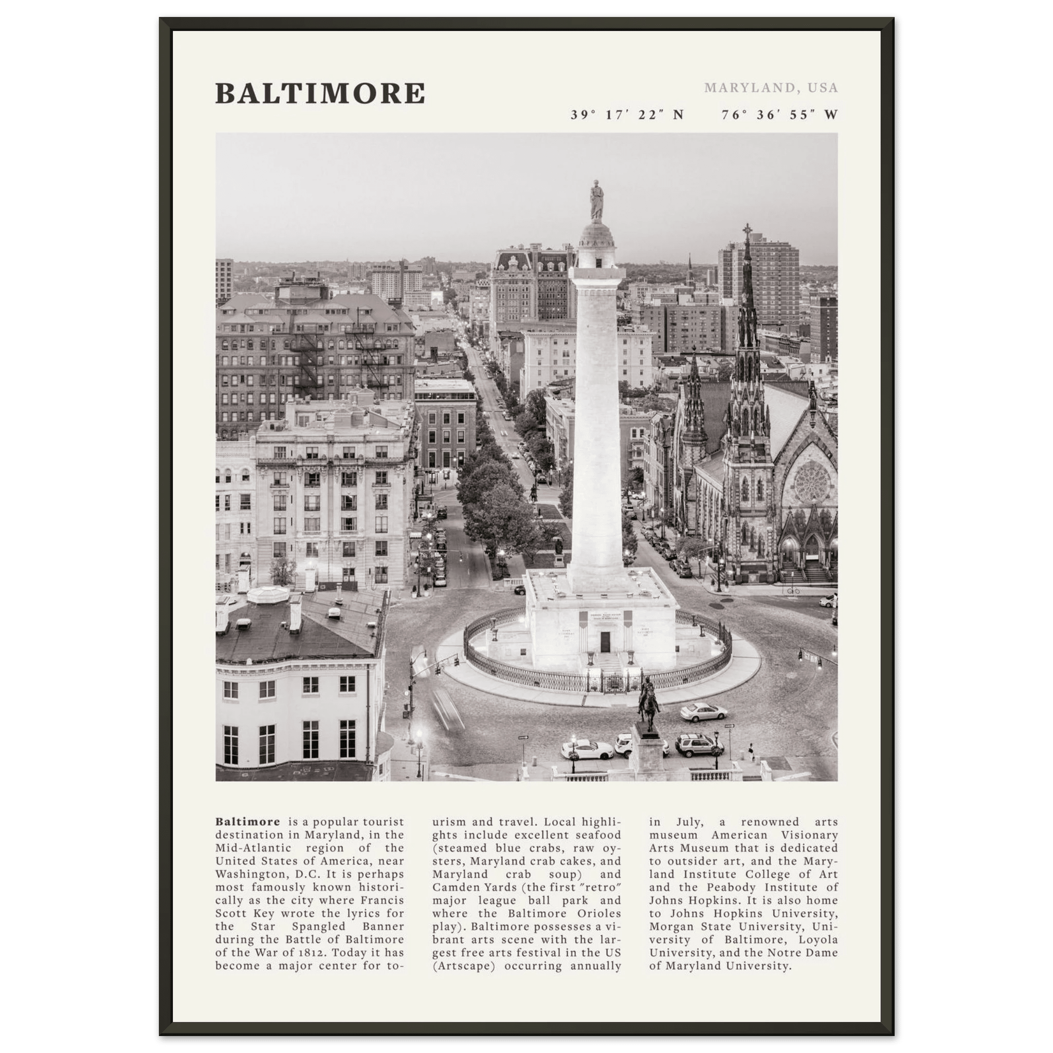 Baltimore Poster | Black & White Maryland City Wall Art | USA Travel Print - Evergreen Posters