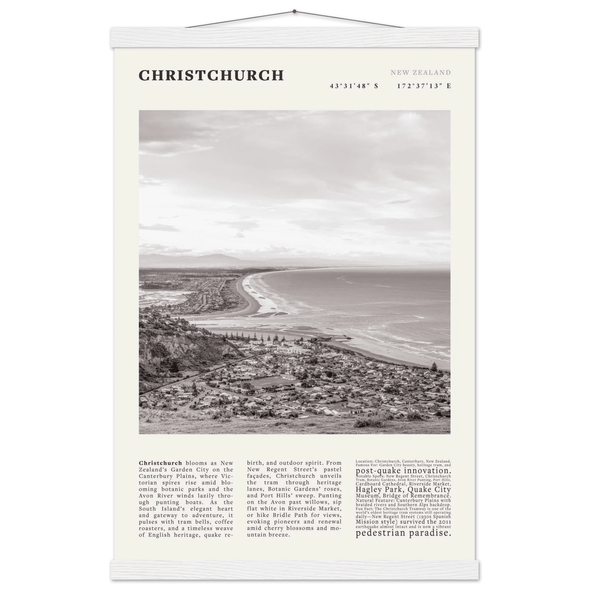 Christchurch New Zealand Poster Black and White – Vintage Garden City Panorama Print - Evergreen Posters