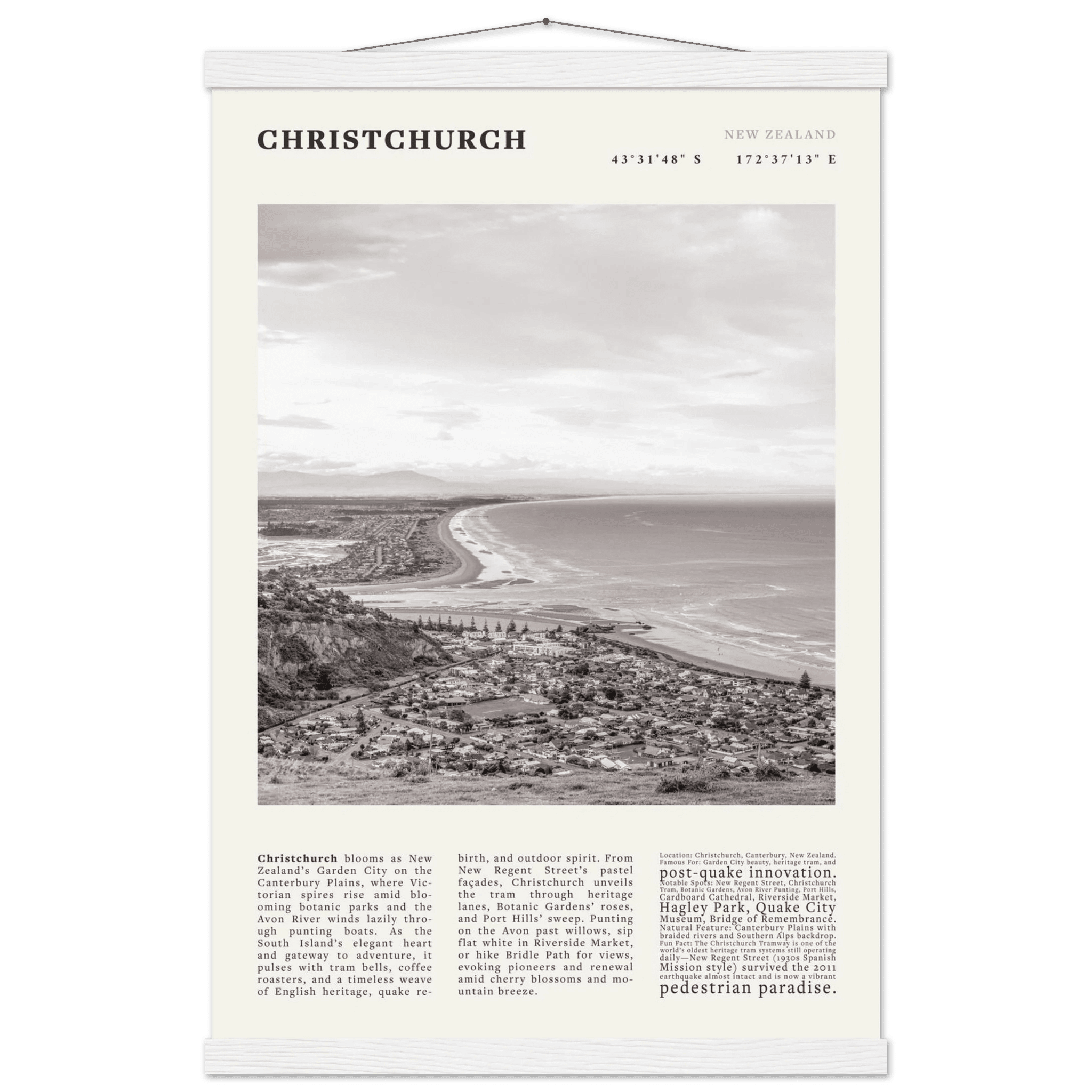 Christchurch New Zealand Poster Black and White – Vintage Garden City Panorama Print - Evergreen Posters