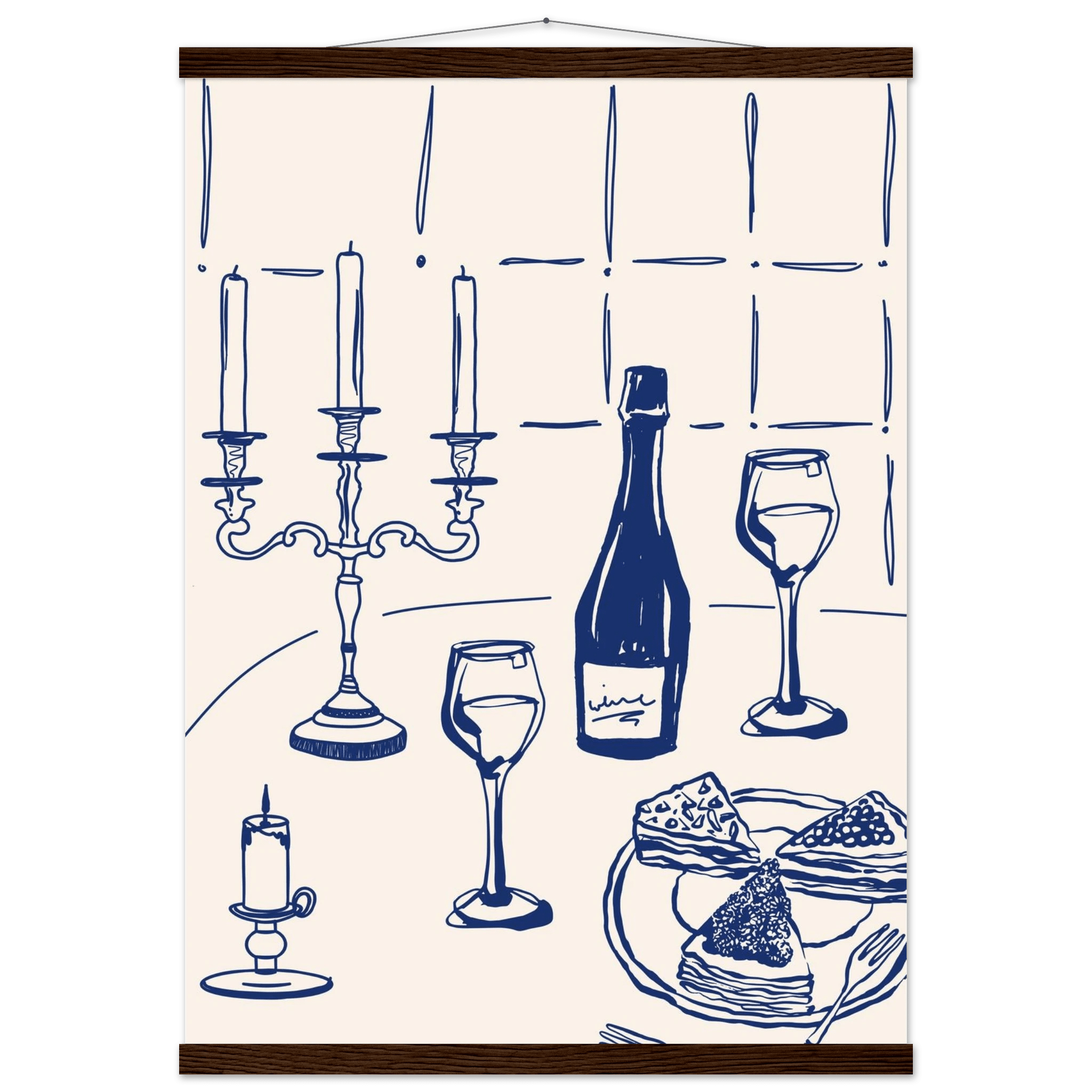 Candlelight Dinner Print | Navy Blue Wine & Candelabra Line Art | Kitchen Poster - Evergreen Posters