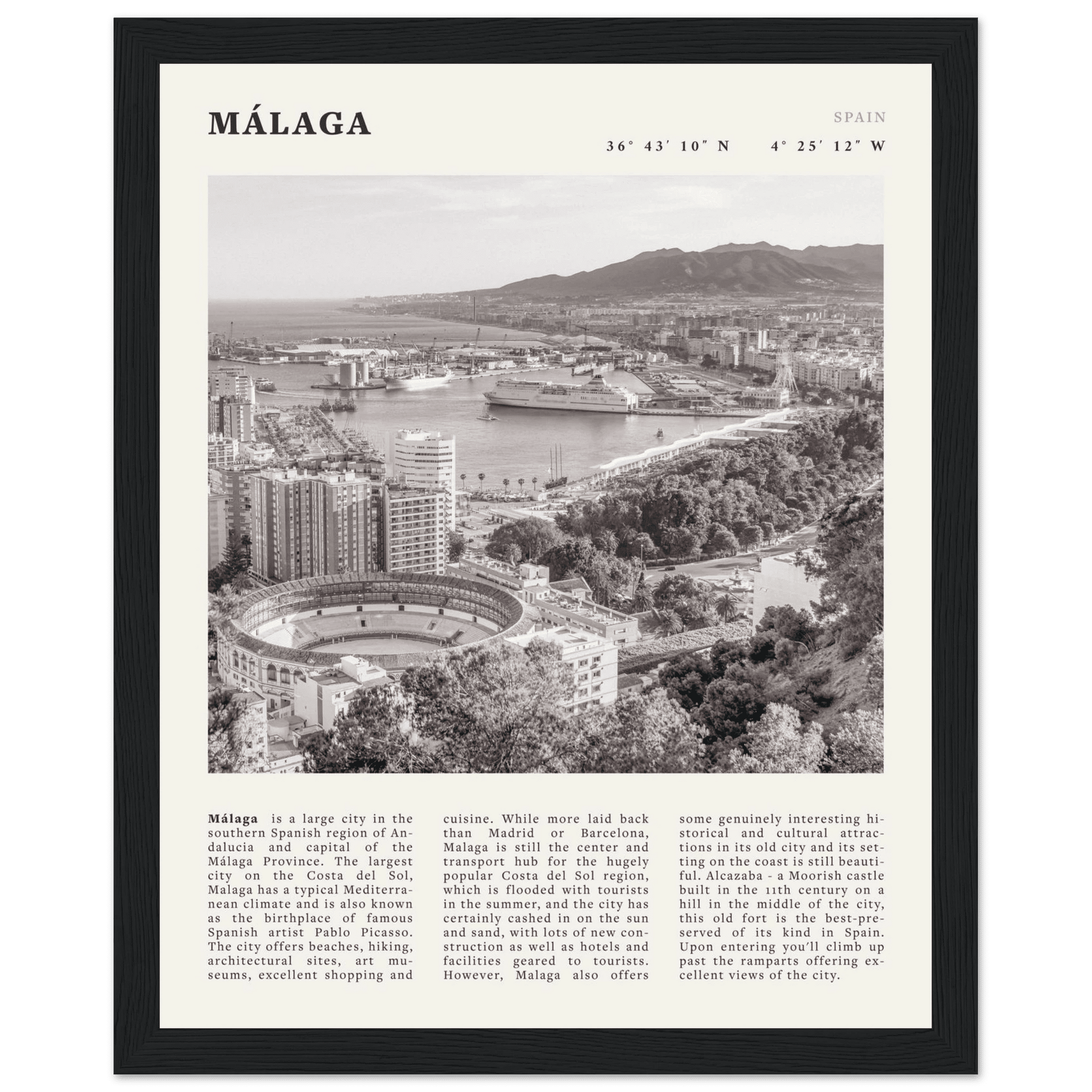 Málaga Poster | Black & White Costa del Sol Wall Art | Spain Travel Print - Evergreen Posters