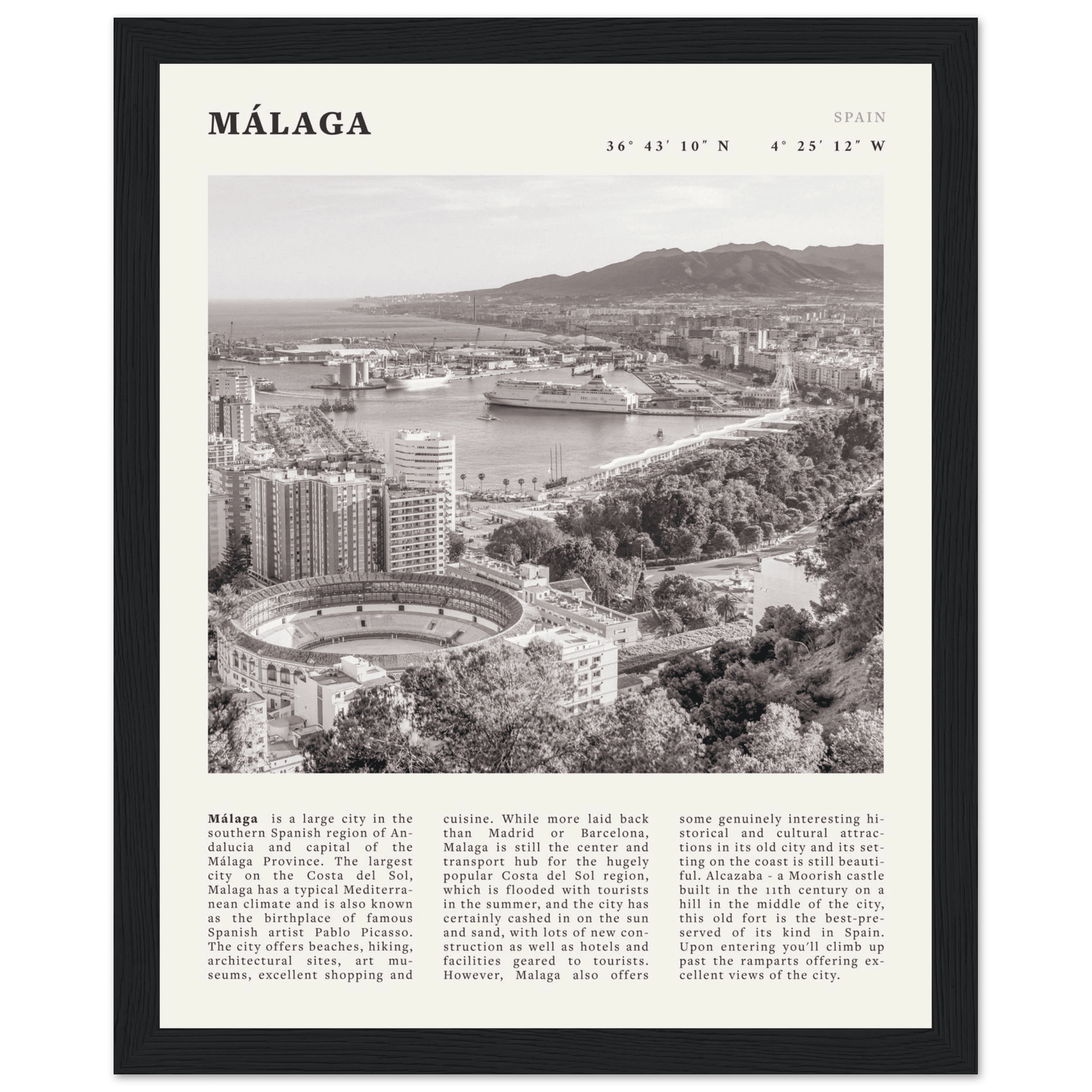 Málaga Poster | Black & White Costa del Sol Wall Art | Spain Travel Print - Evergreen Posters