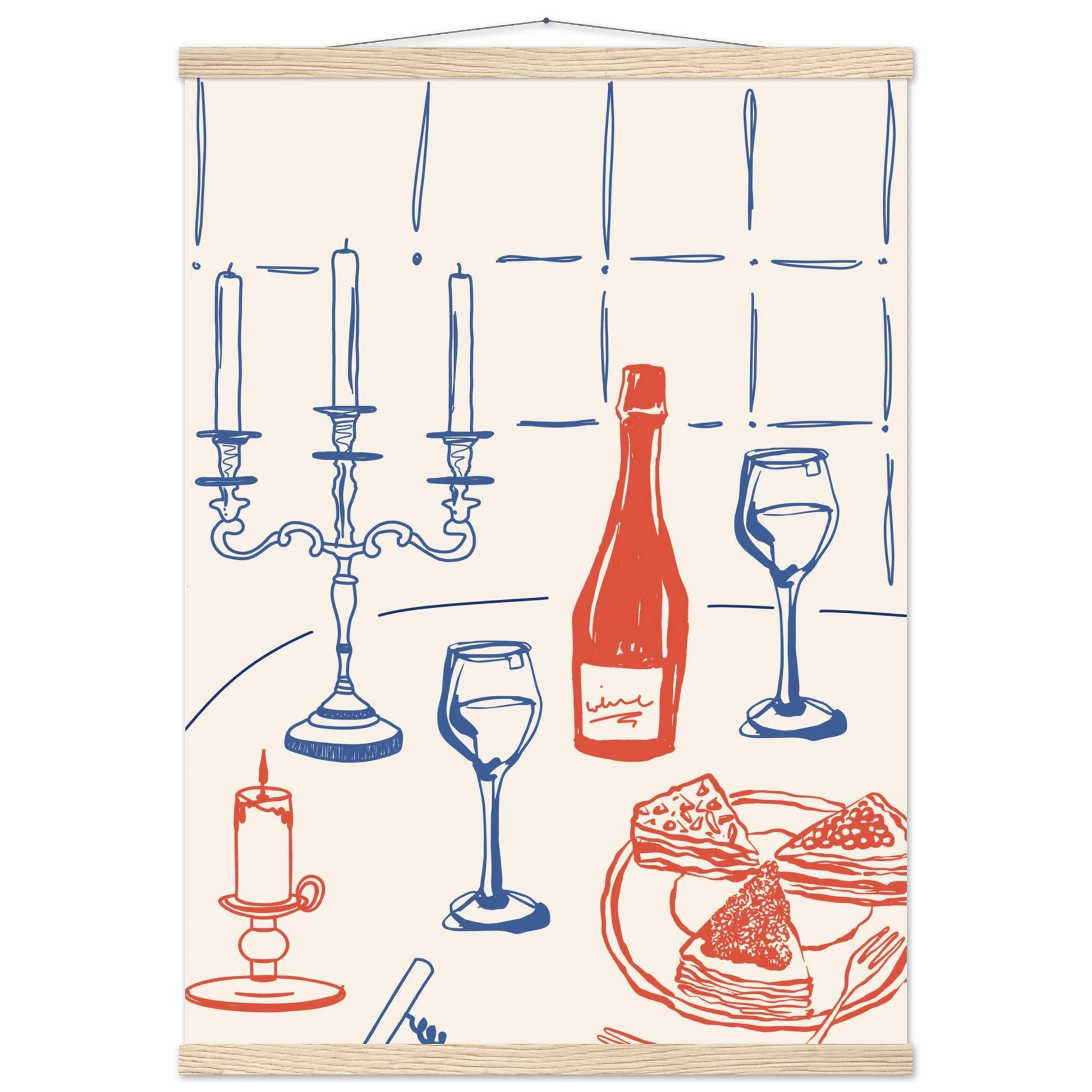 Candlelight Dinner Print | Wine & Candelabra Line Art Wall Art | Kitchen Poster - Evergreen Posters