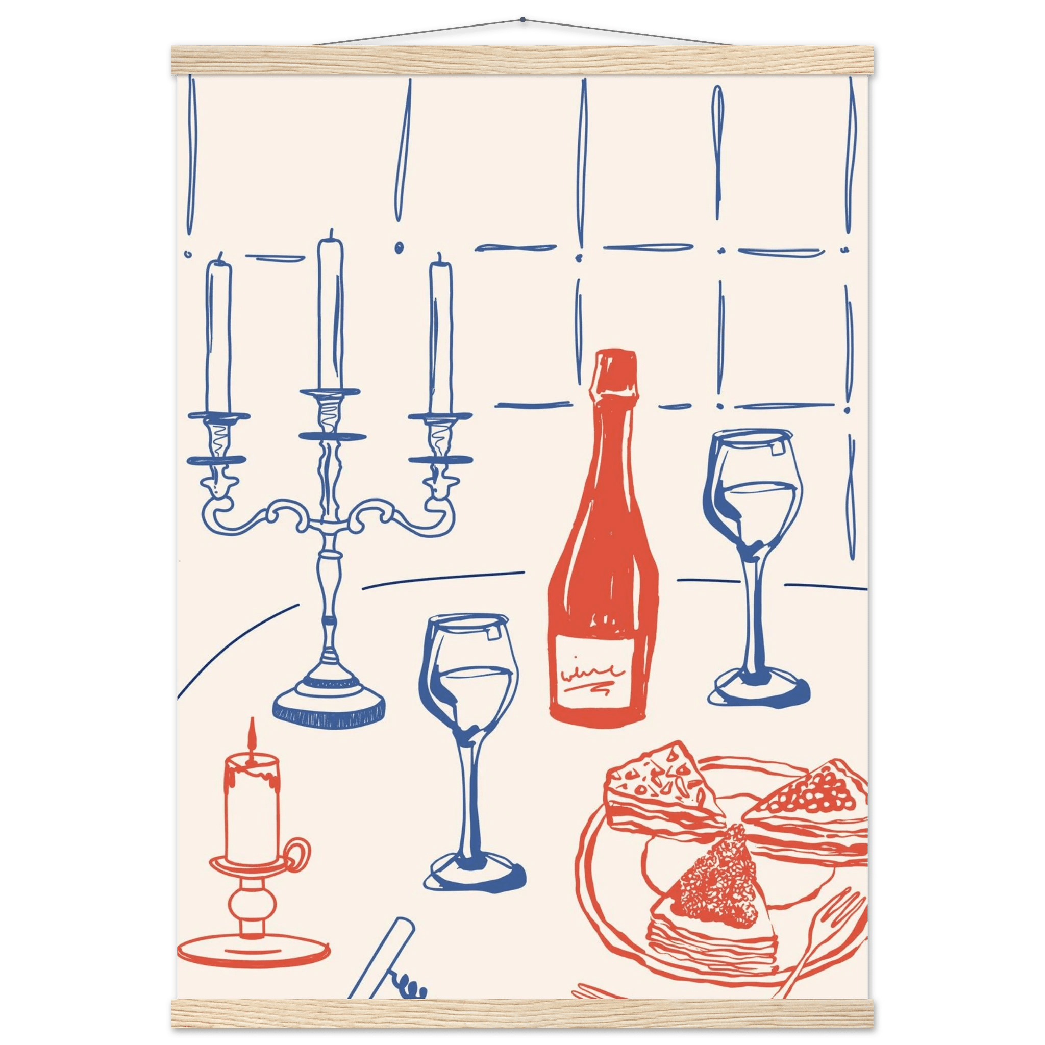 Candlelight Dinner Print | Wine & Candelabra Line Art Wall Art | Kitchen Poster - Evergreen Posters