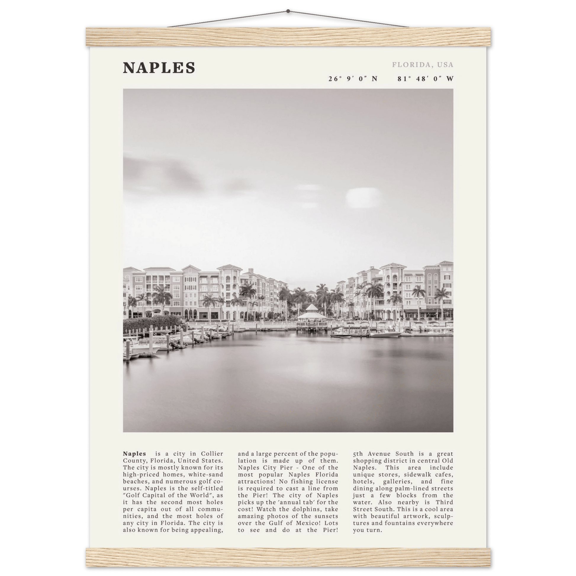 Naples Florida Poster | Black & White Gulf Coast Wall Art | FL Travel Print - Evergreen Posters