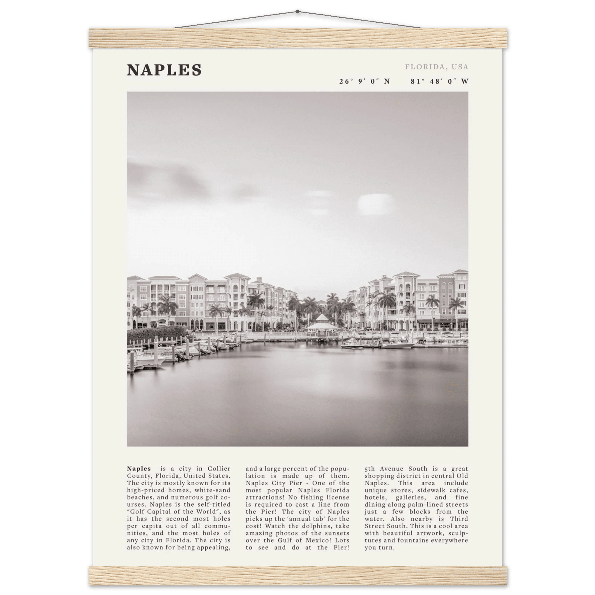 Naples Florida Poster | Black & White Gulf Coast Wall Art | FL Travel Print - Evergreen Posters