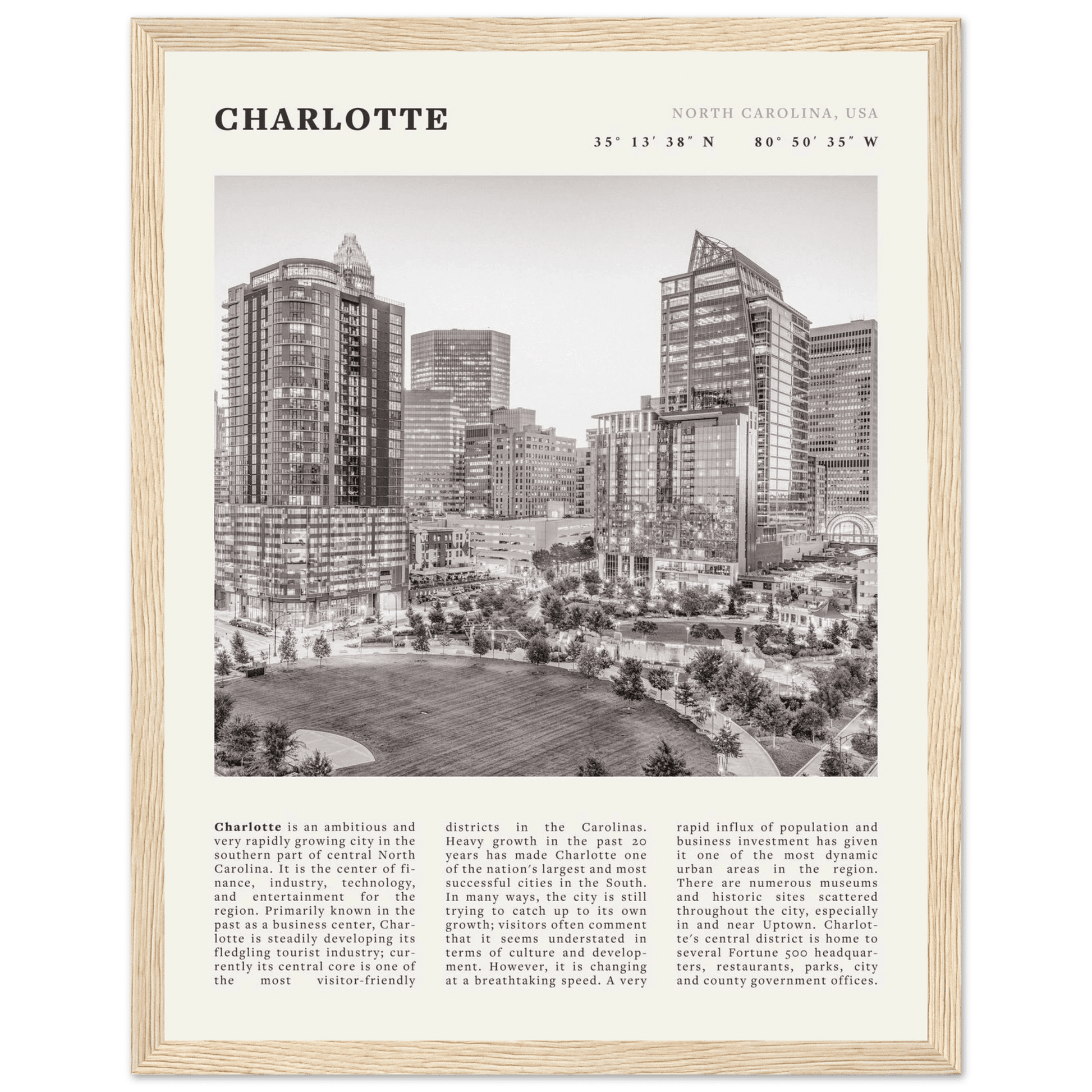 Charlotte Poster | Black & White North Carolina Skyline Wall Art | NC Travel Print - Evergreen Posters