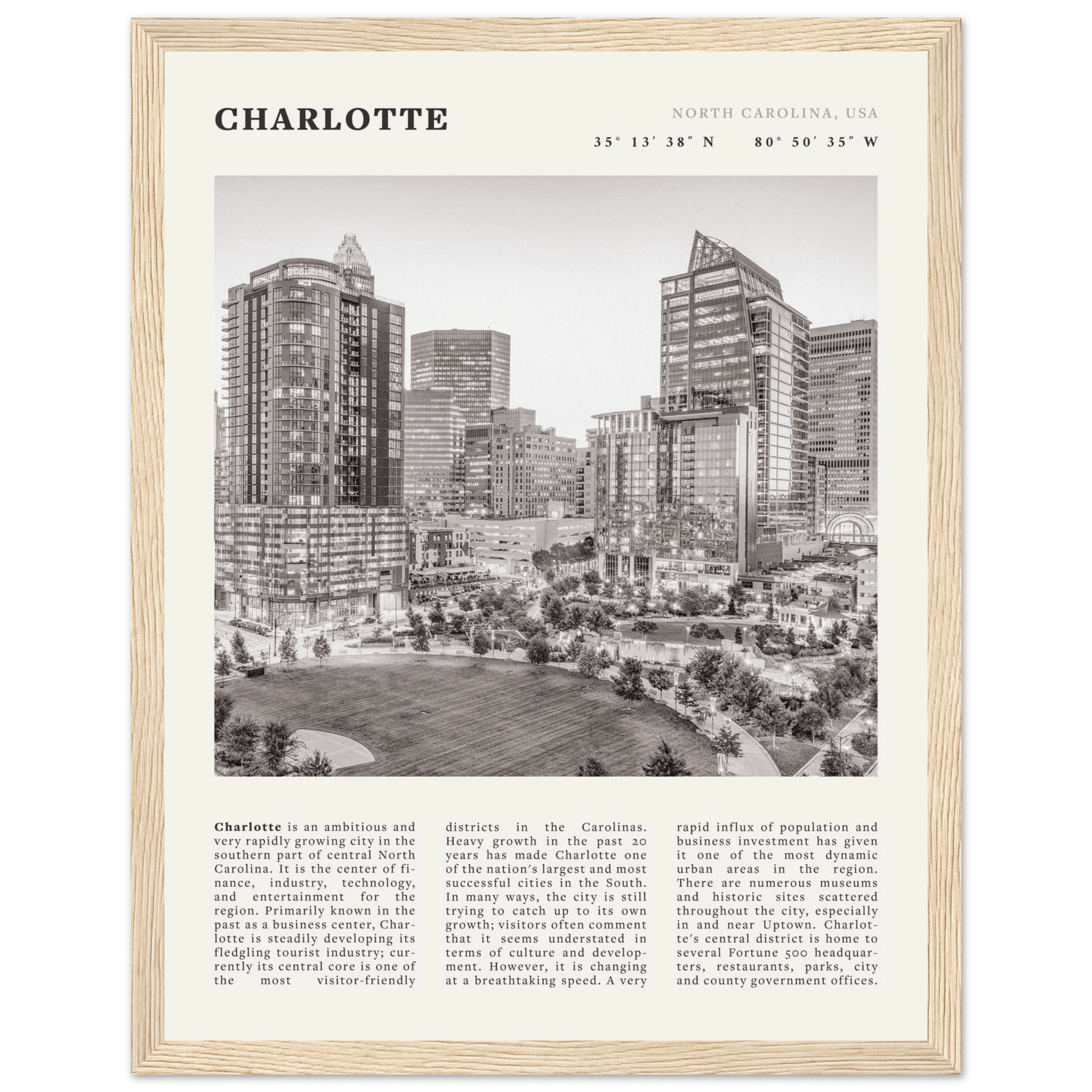 Charlotte Poster | Black & White North Carolina Skyline Wall Art | NC Travel Print - Evergreen Posters