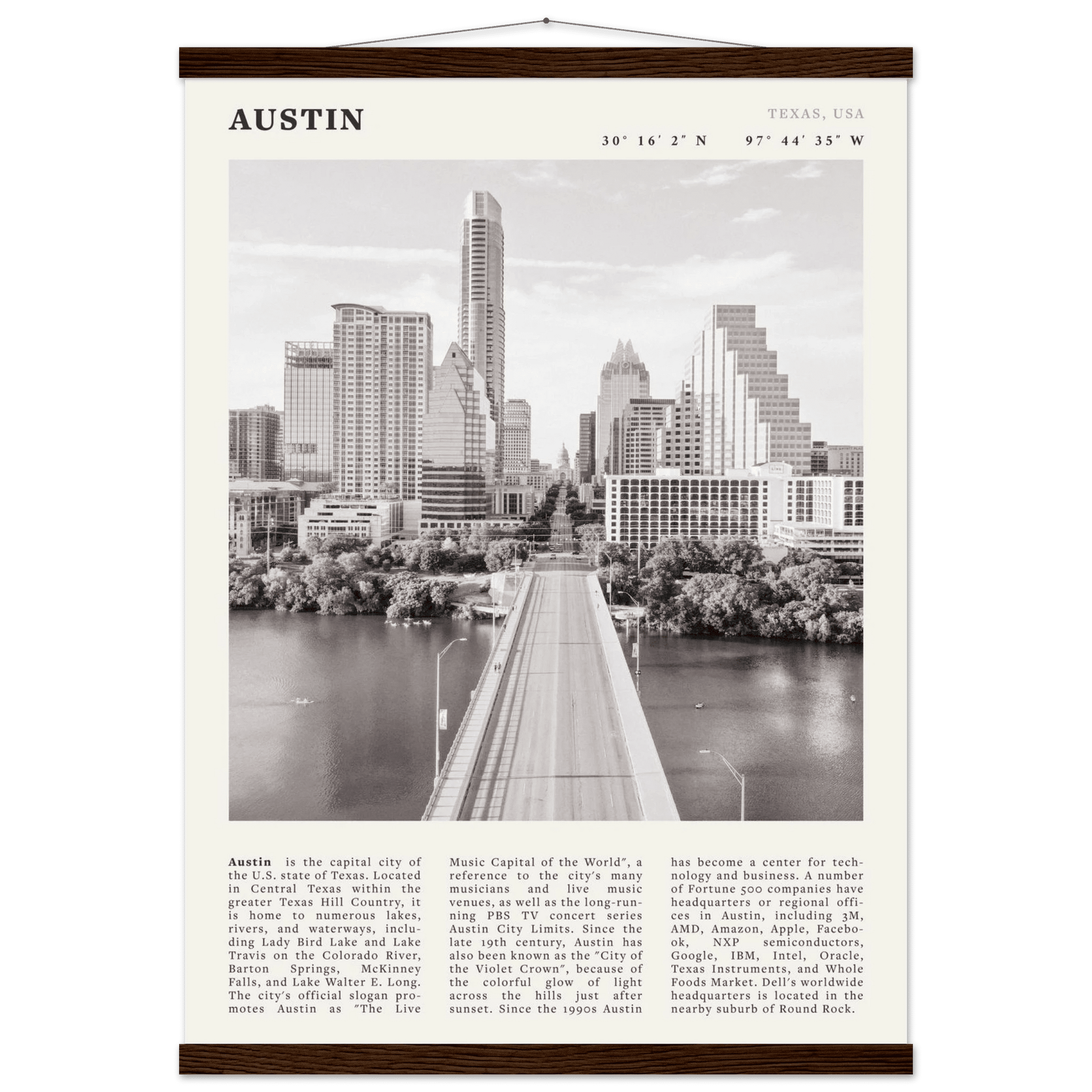 Austin Poster | Black & White Texas Skyline Wall Art | City Travel Print Decor - Evergreen Posters