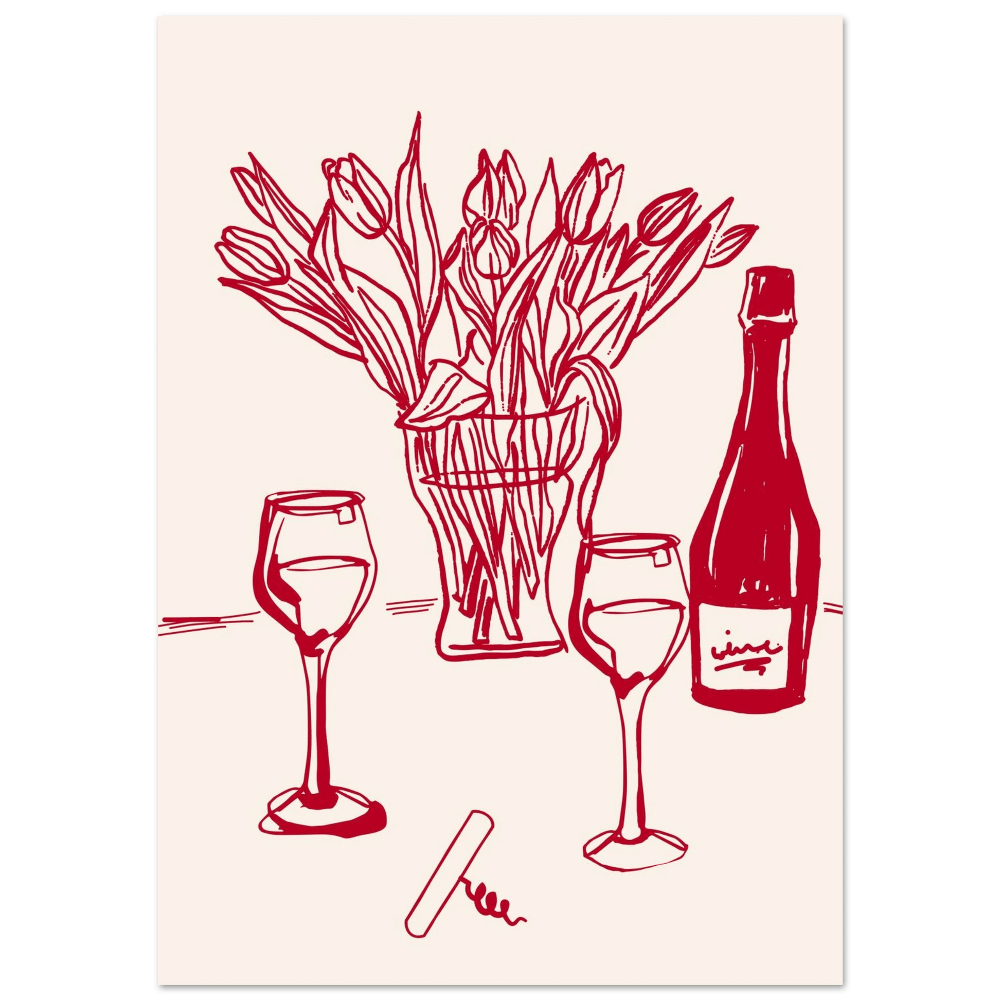 Red Wine & Tulips Print | Line Art Wine Bottle Wall Art | Kitchen Poster - Evergreen Posters
