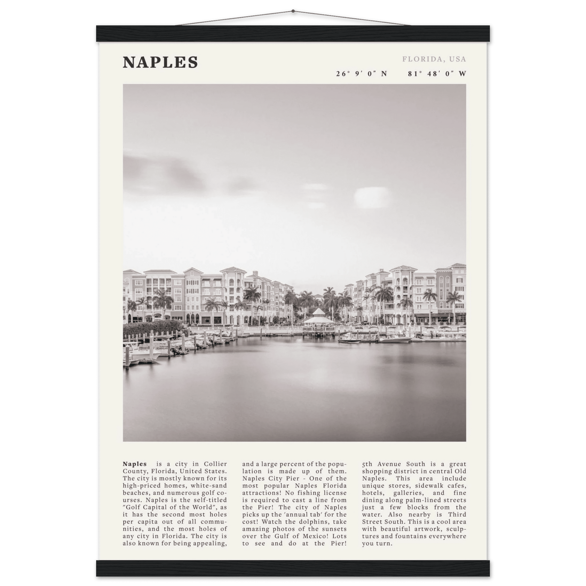 Naples Florida Poster | Black & White Gulf Coast Wall Art | FL Travel Print - Evergreen Posters