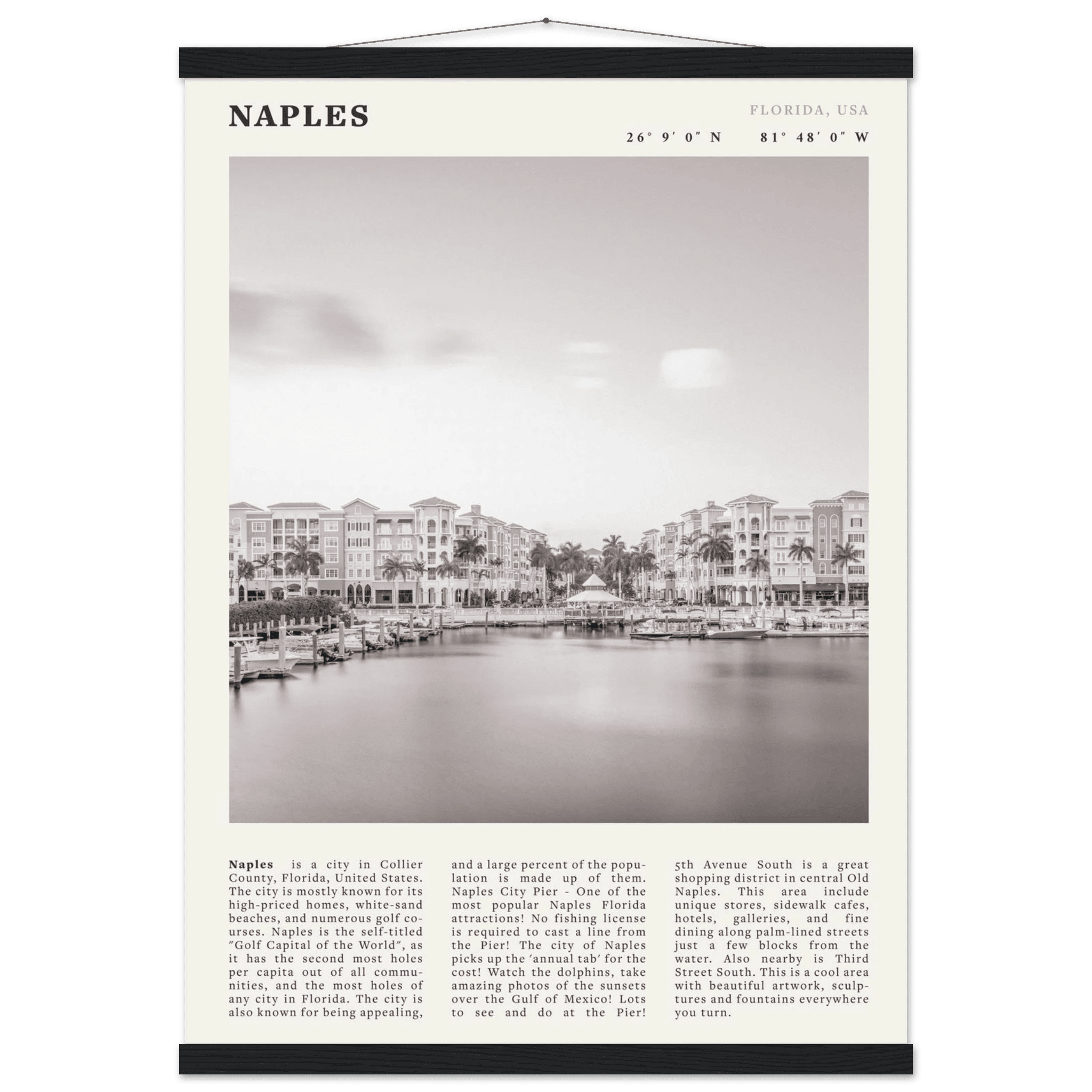 Naples Florida Poster | Black & White Gulf Coast Wall Art | FL Travel Print - Evergreen Posters