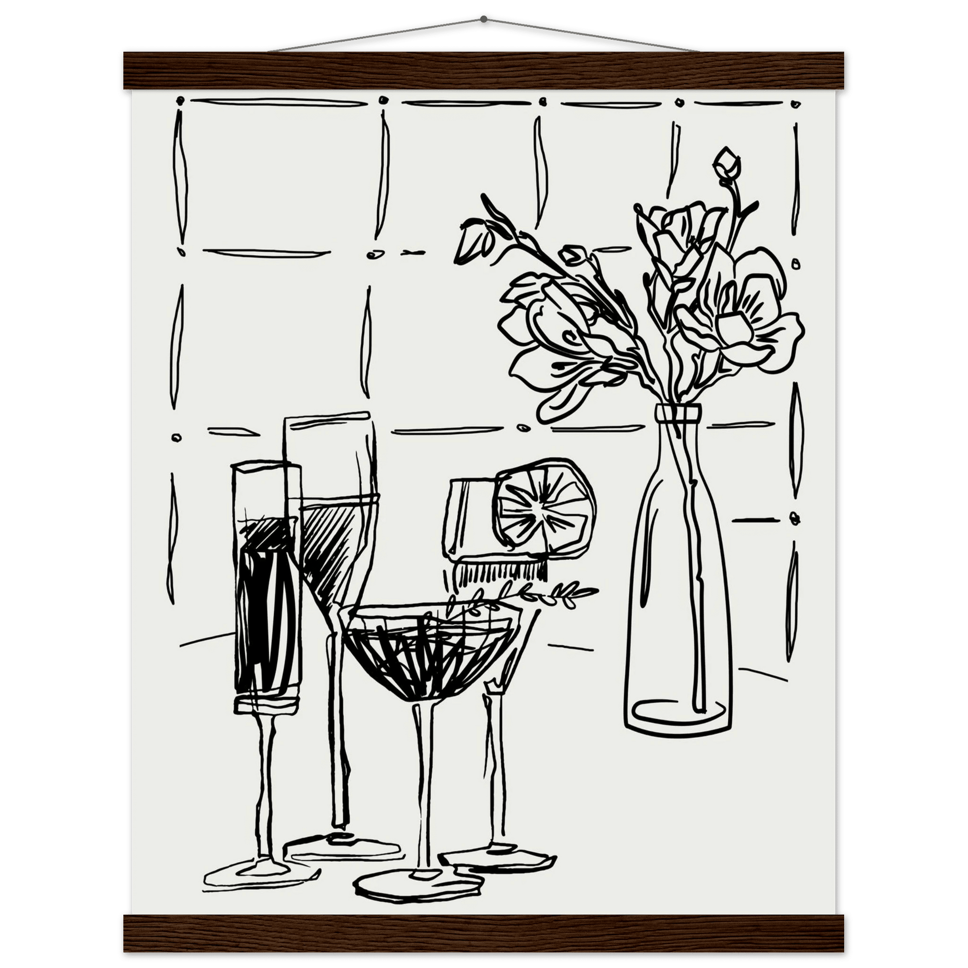 Cocktails & Flowers Print | Black Line Art Drinks Wall Art | Kitchen Bar Poster - Evergreen Posters