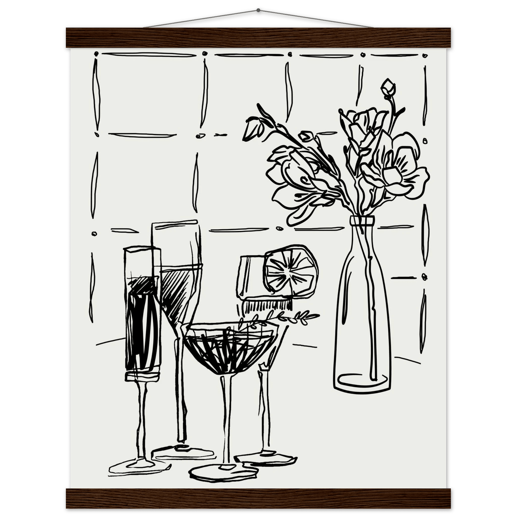 Cocktails & Flowers Print | Black Line Art Drinks Wall Art | Kitchen Bar Poster - Evergreen Posters