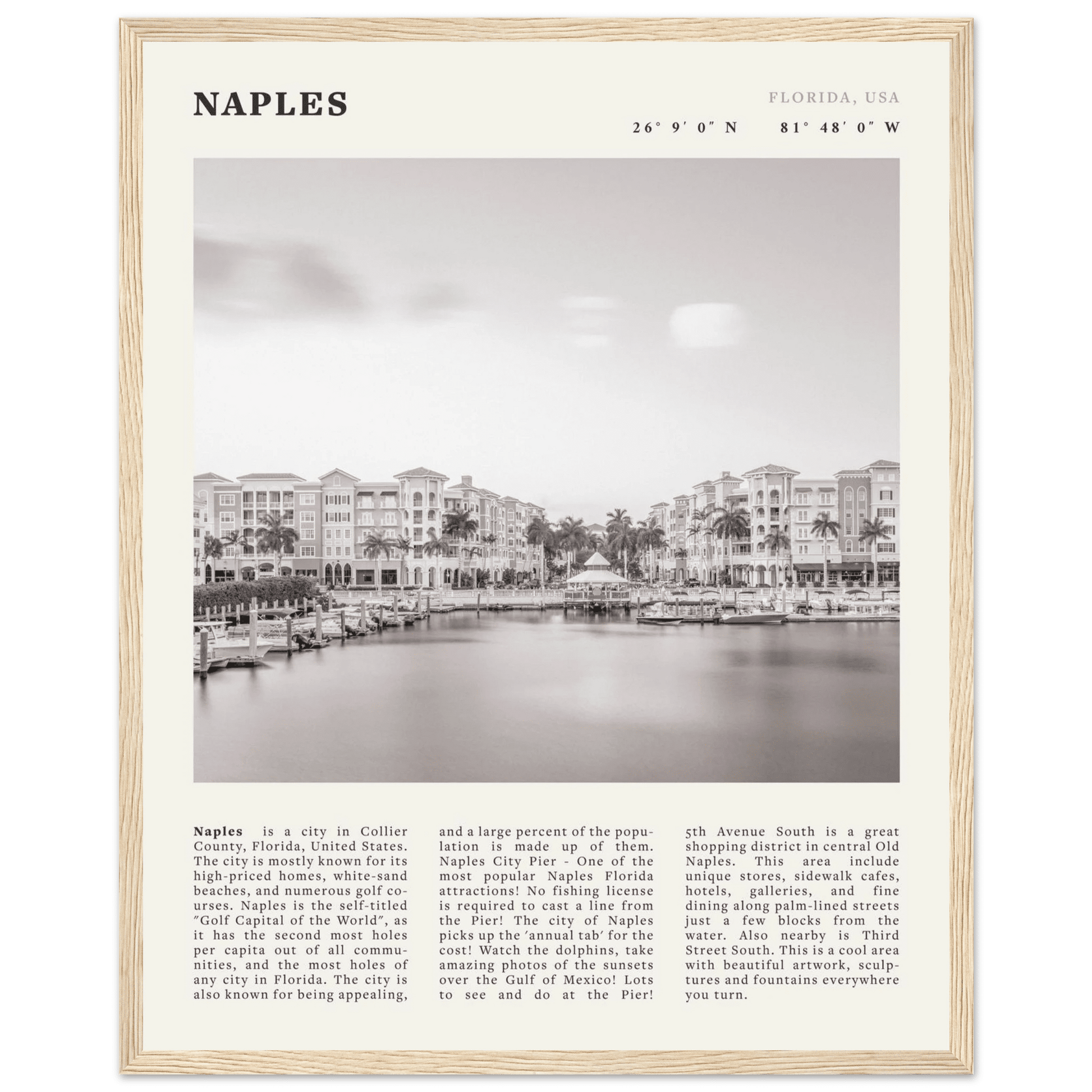 Naples Florida Poster | Black & White Gulf Coast Wall Art | FL Travel Print - Evergreen Posters