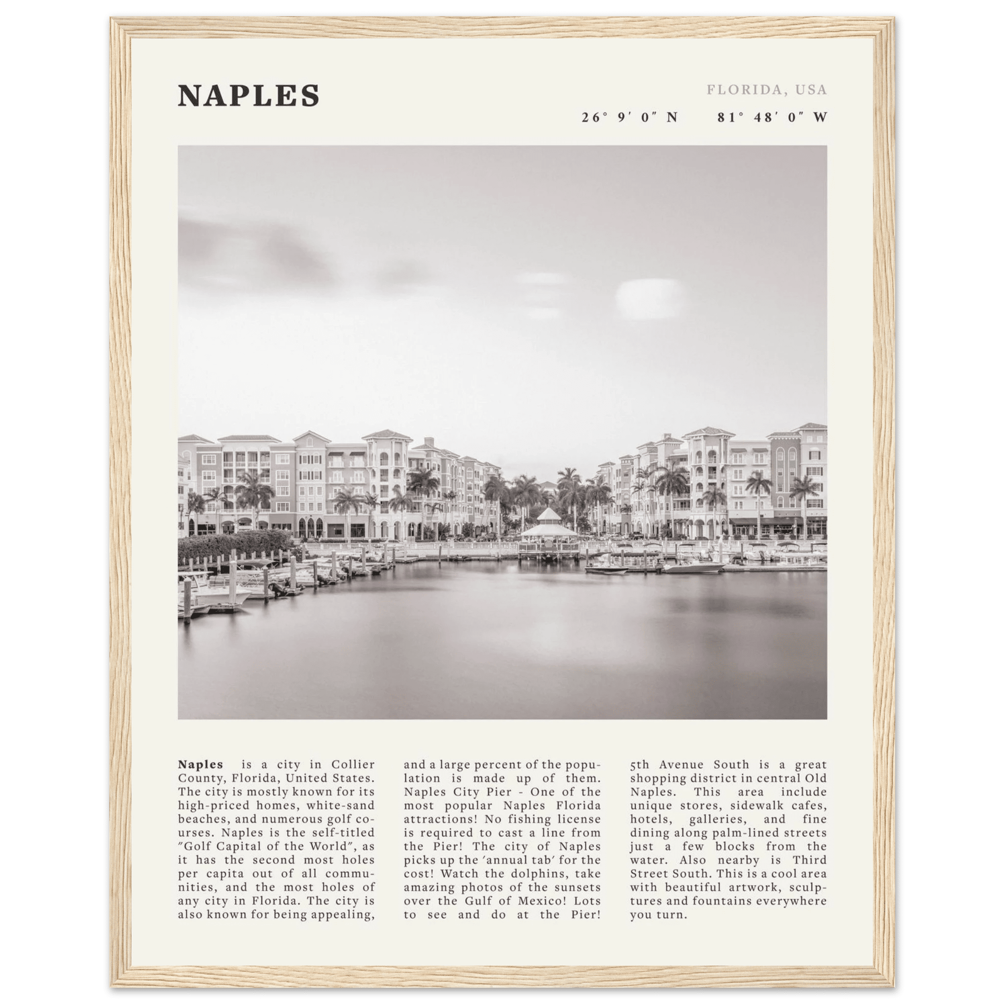 Naples Florida Poster | Black & White Gulf Coast Wall Art | FL Travel Print - Evergreen Posters
