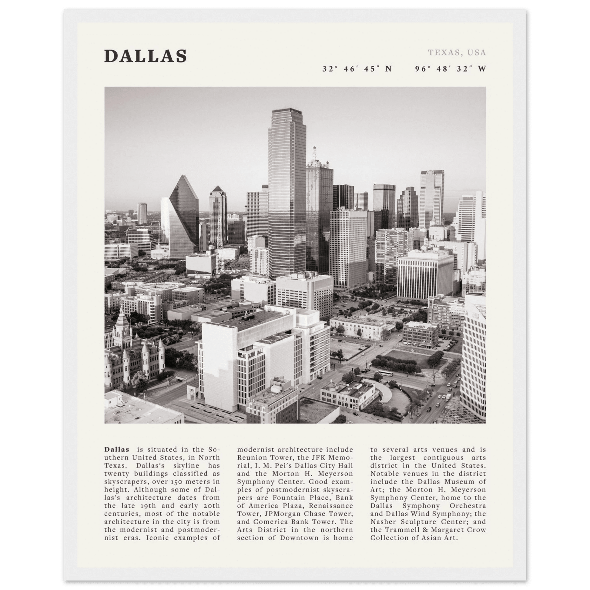 Dallas Poster | Black & White Texas Skyline Wall Art | City Travel Print Decor - Evergreen Posters