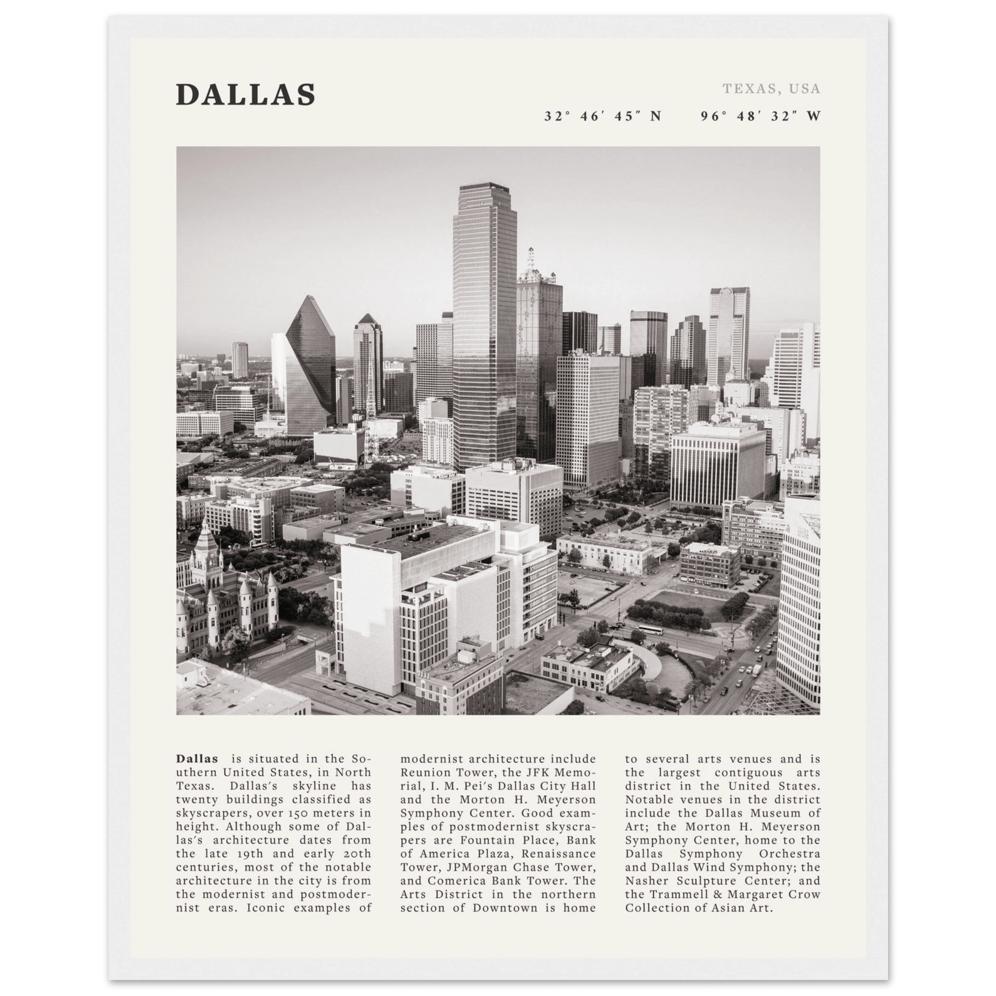 Dallas Poster | Black & White Texas Skyline Wall Art | City Travel Print Decor - Evergreen Posters
